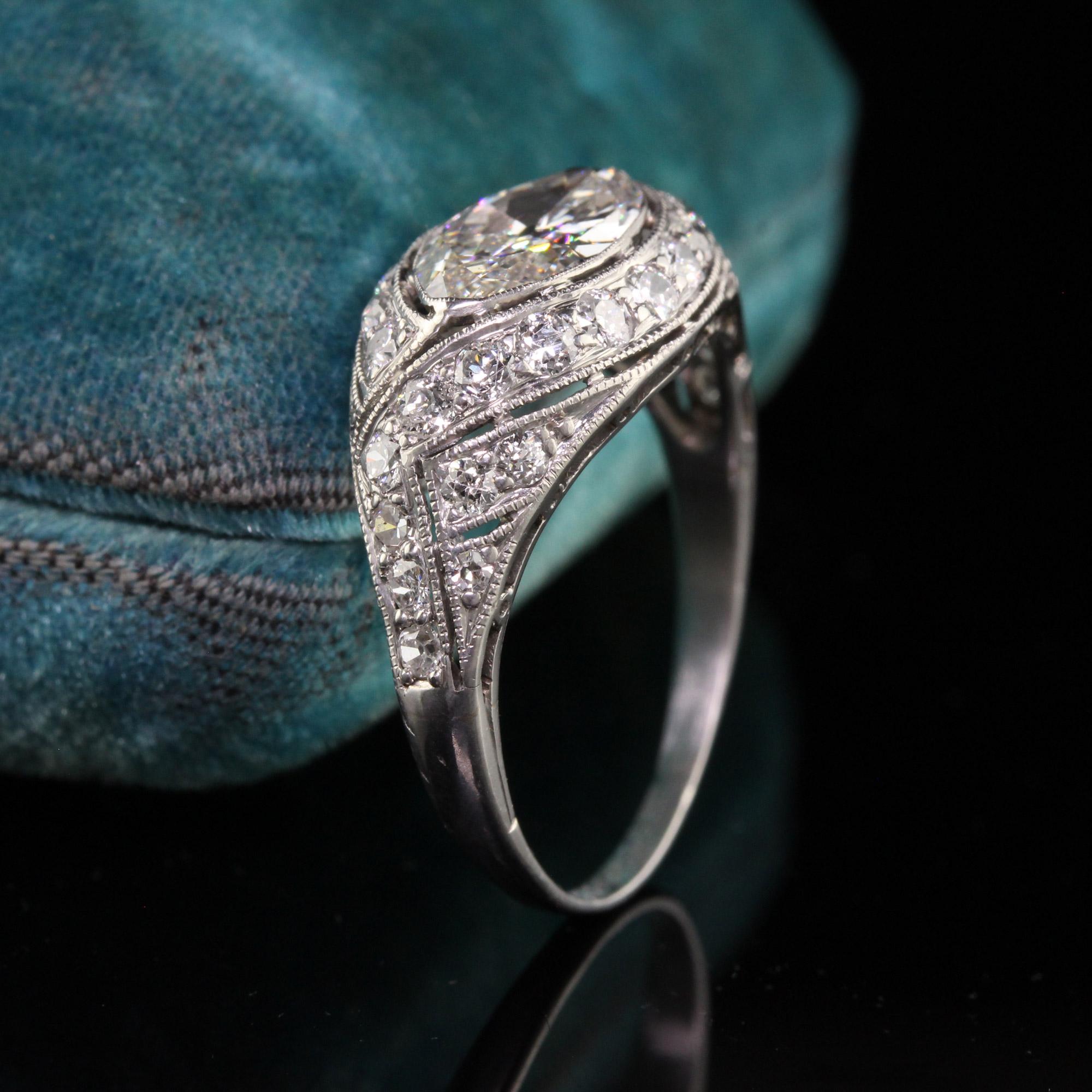 Marquise Cut Antique Art Deco Platinum Old Marquise Diamond Filigree Engagement Ring, GIA For Sale