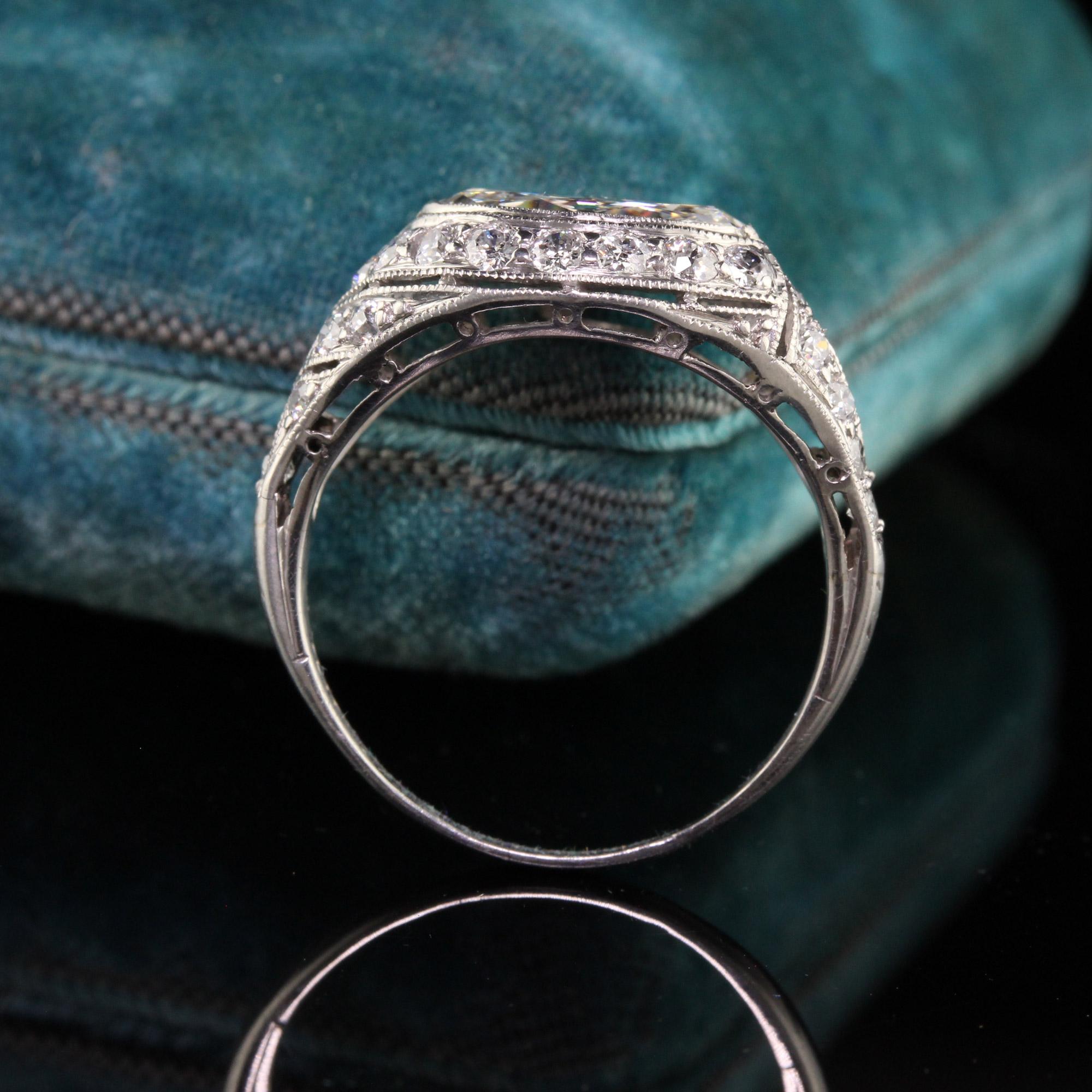 Antique Art Deco Platinum Old Marquise Diamond Filigree Engagement Ring, GIA In Good Condition For Sale In Great Neck, NY