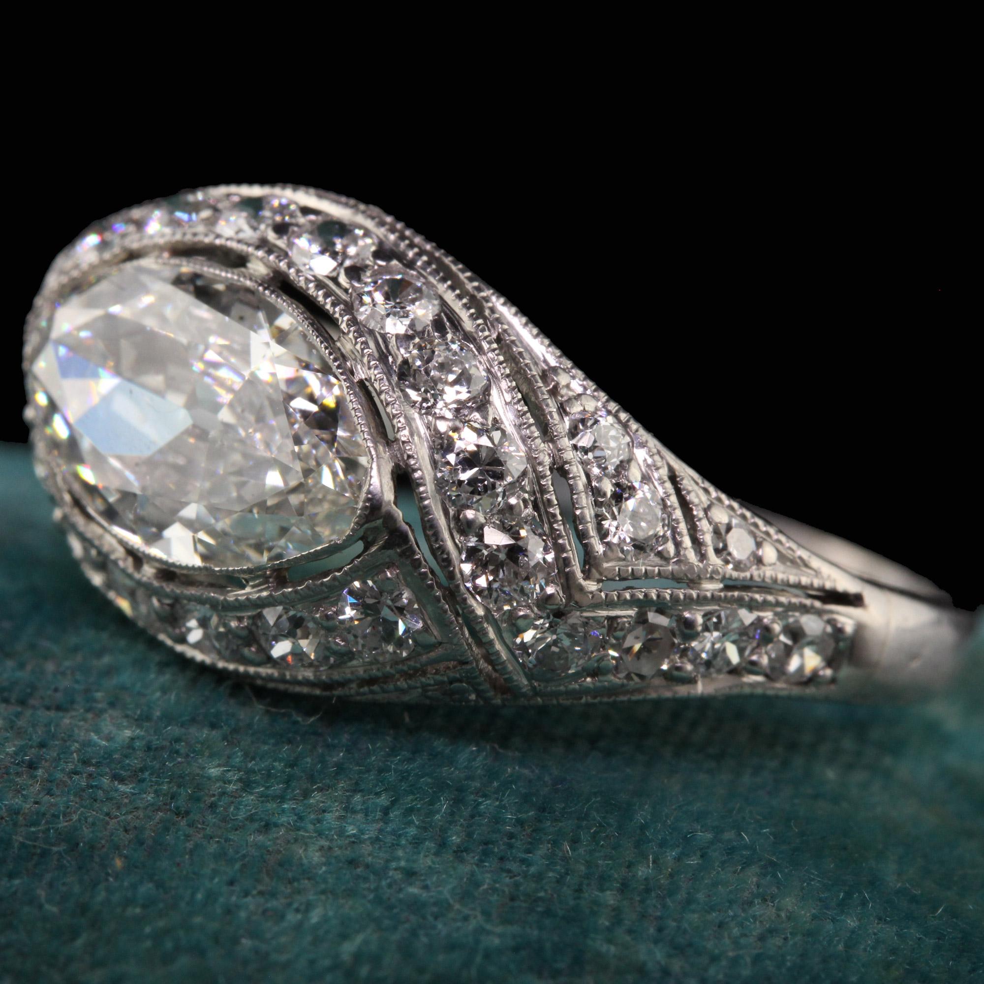 Women's Antique Art Deco Platinum Old Marquise Diamond Filigree Engagement Ring, GIA For Sale
