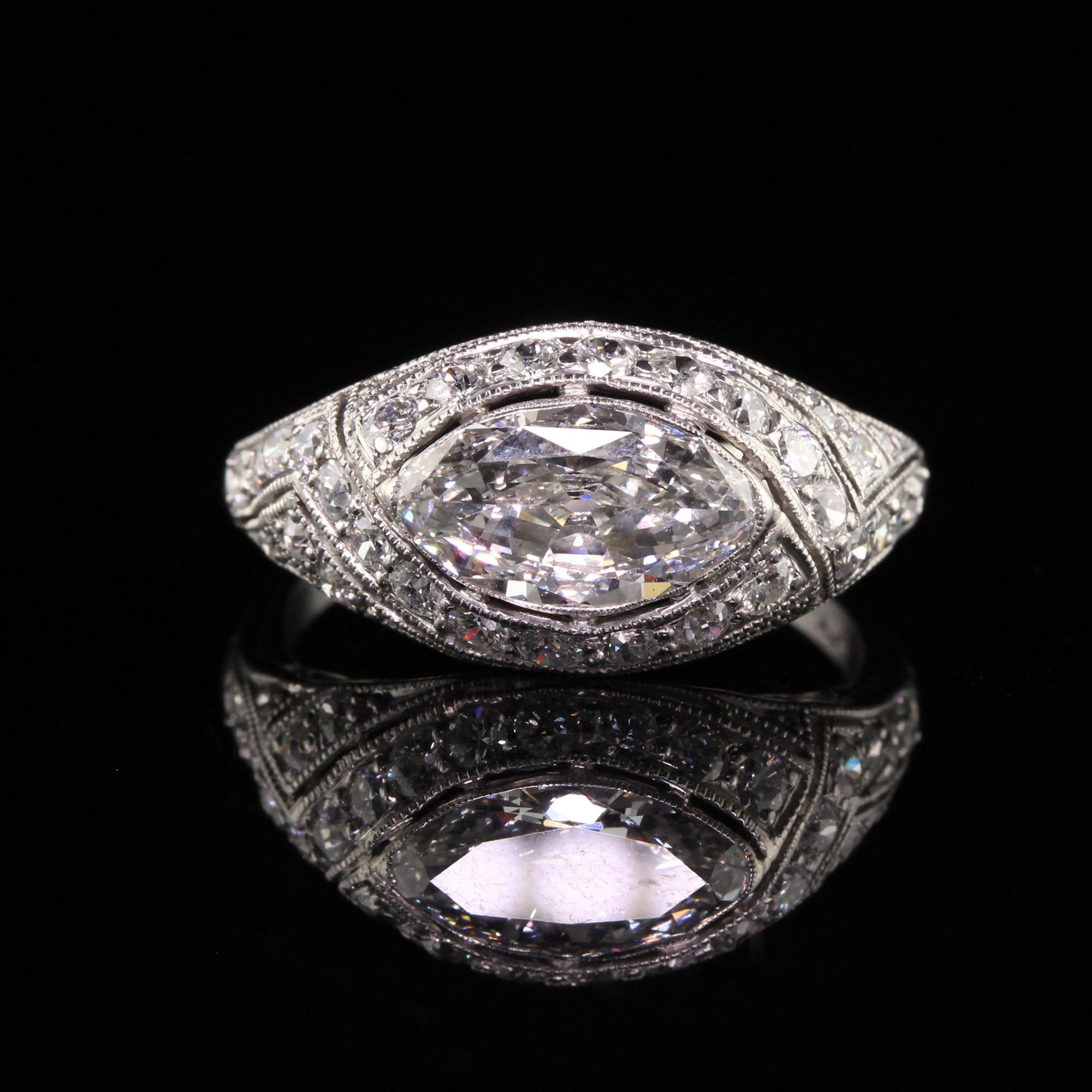 Antique Art Deco Platinum Old Marquise Diamond Filigree Engagement Ring, GIA For Sale 1