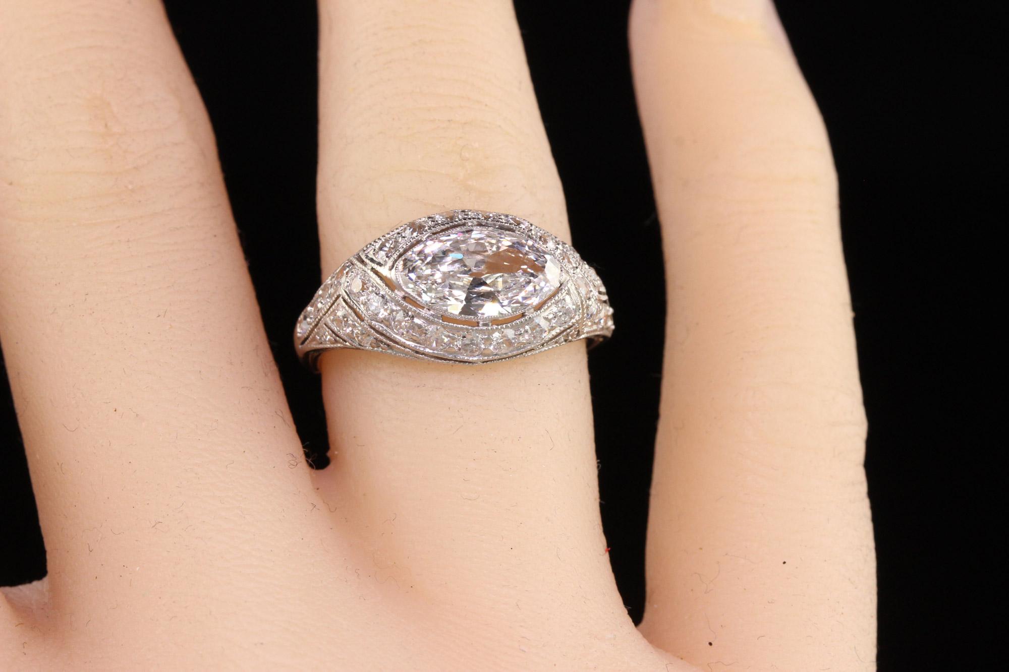 Antique Art Deco Platinum Old Marquise Diamond Filigree Engagement Ring, GIA For Sale 4