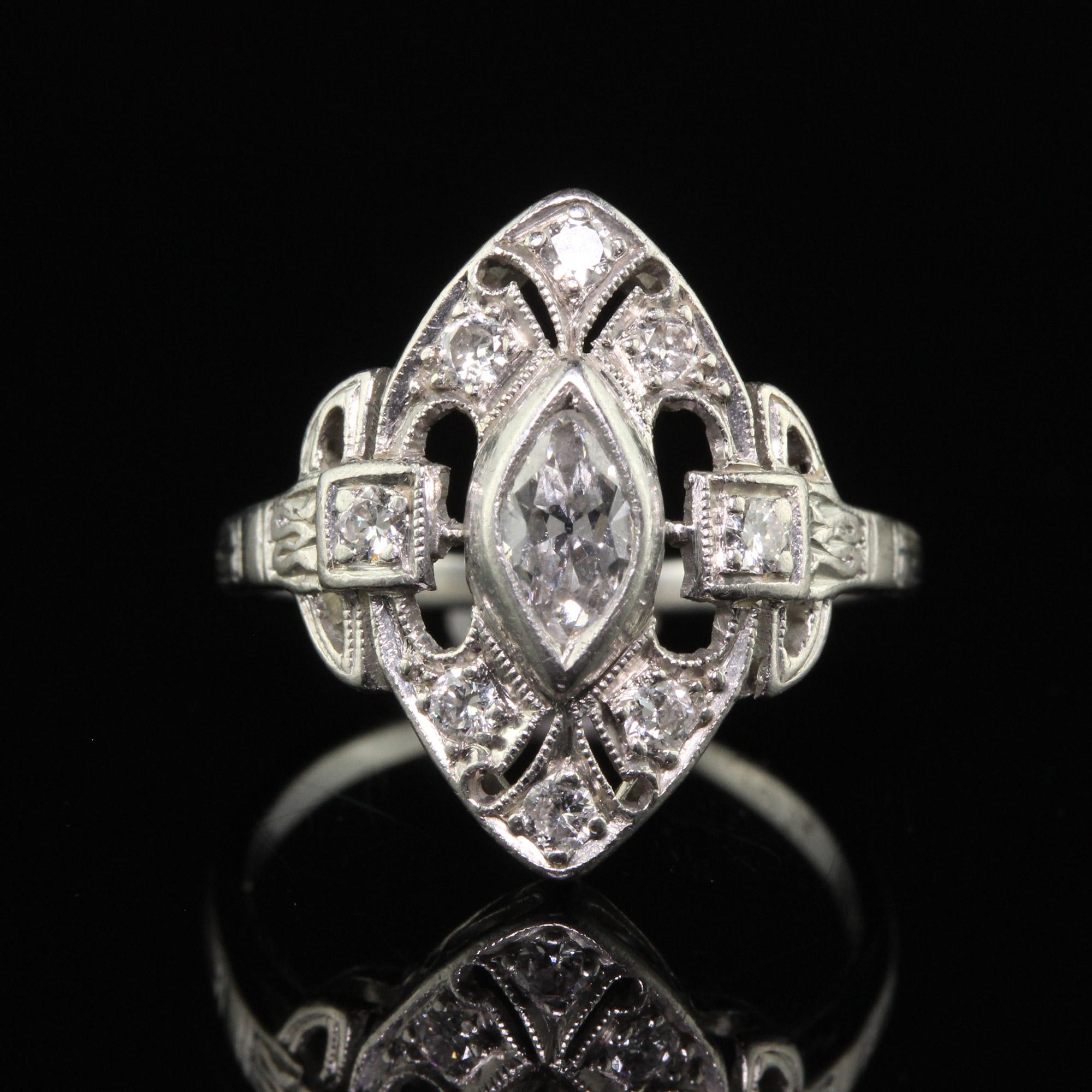 Antique Art Deco Platinum Old Marquise Diamond Filigree Shield Ring In Good Condition For Sale In Great Neck, NY
