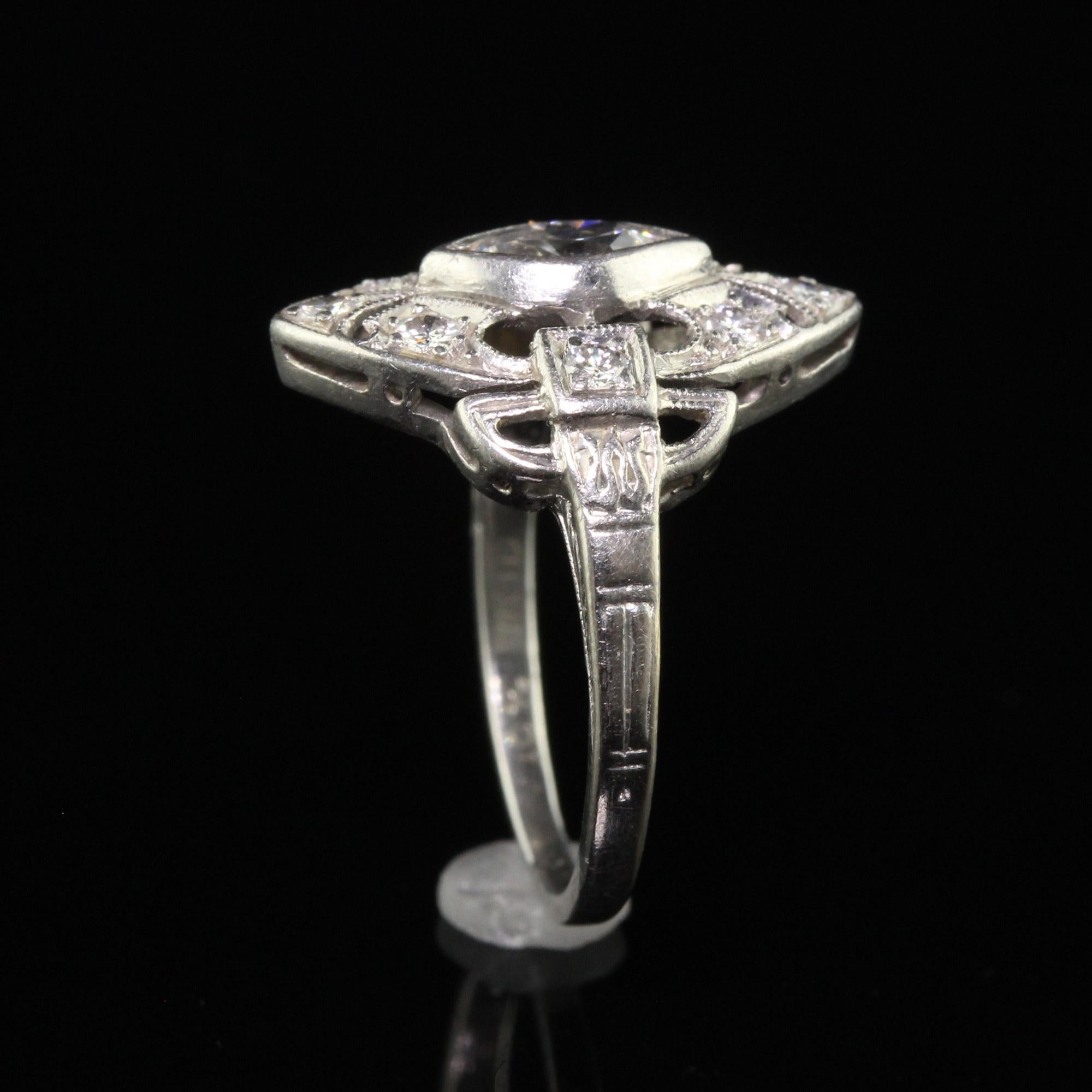Antique Art Deco Platinum Old Marquise Diamond Filigree Shield Ring For Sale 1