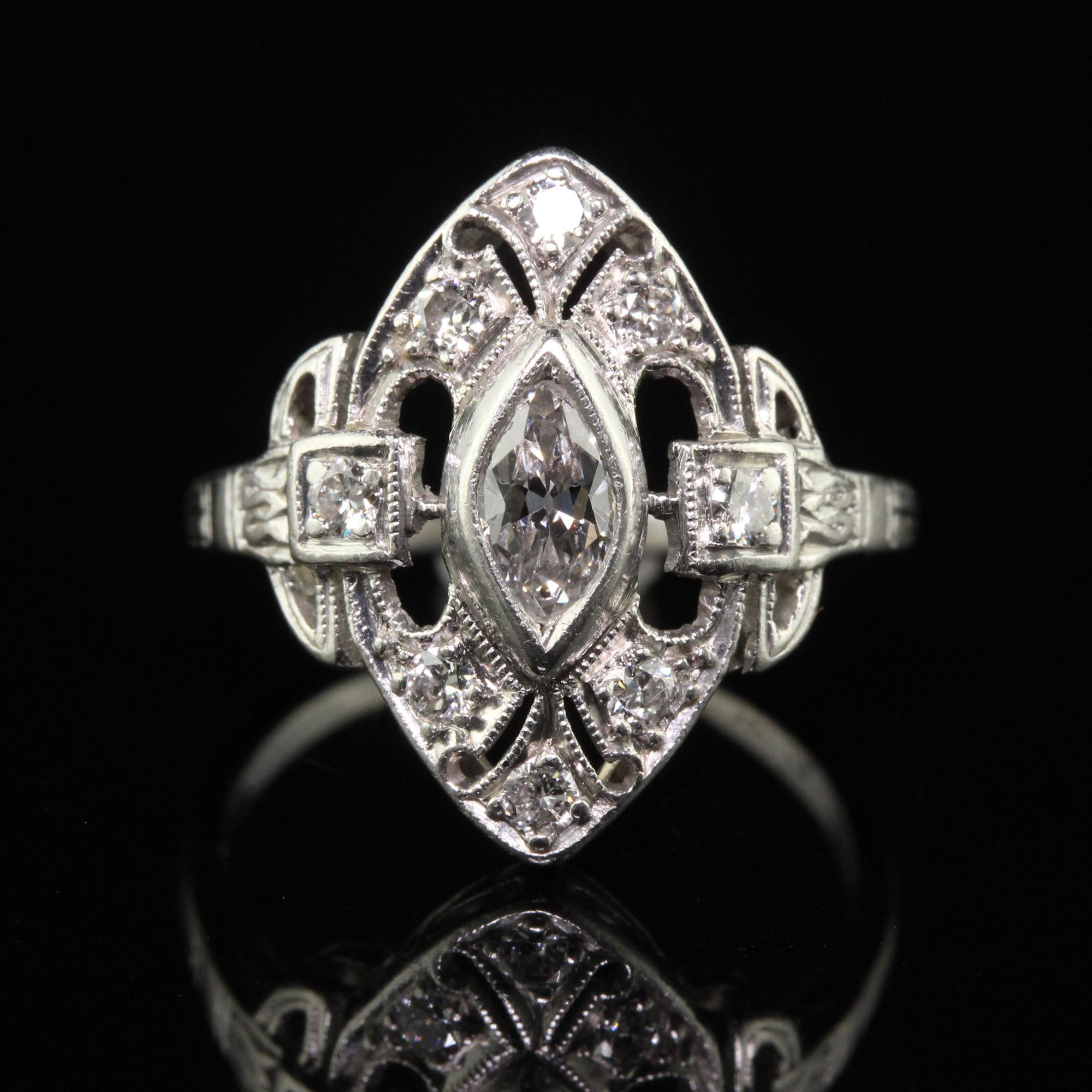 Antique Art Deco Platinum Old Marquise Diamond Filigree Shield Ring For Sale 2