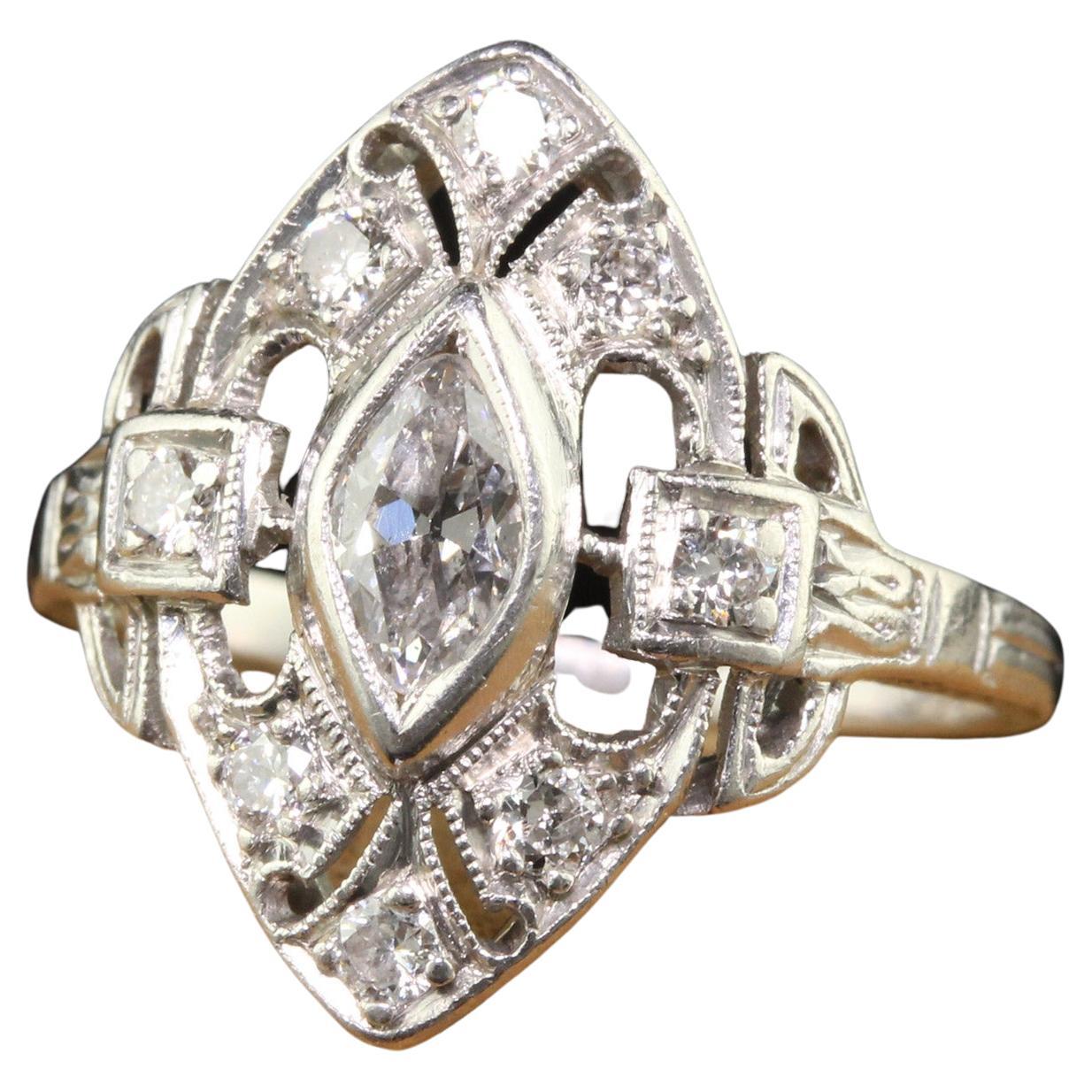 Antique Art Deco Platinum Old Marquise Diamond Filigree Shield Ring For Sale