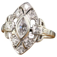 Antique Art Deco Platinum Old Marquise Diamond Filigree Shield Ring