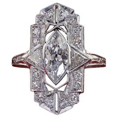 Antique Art Deco Platinum Old Marquise Diamond Filigree Shield Ring - GIA