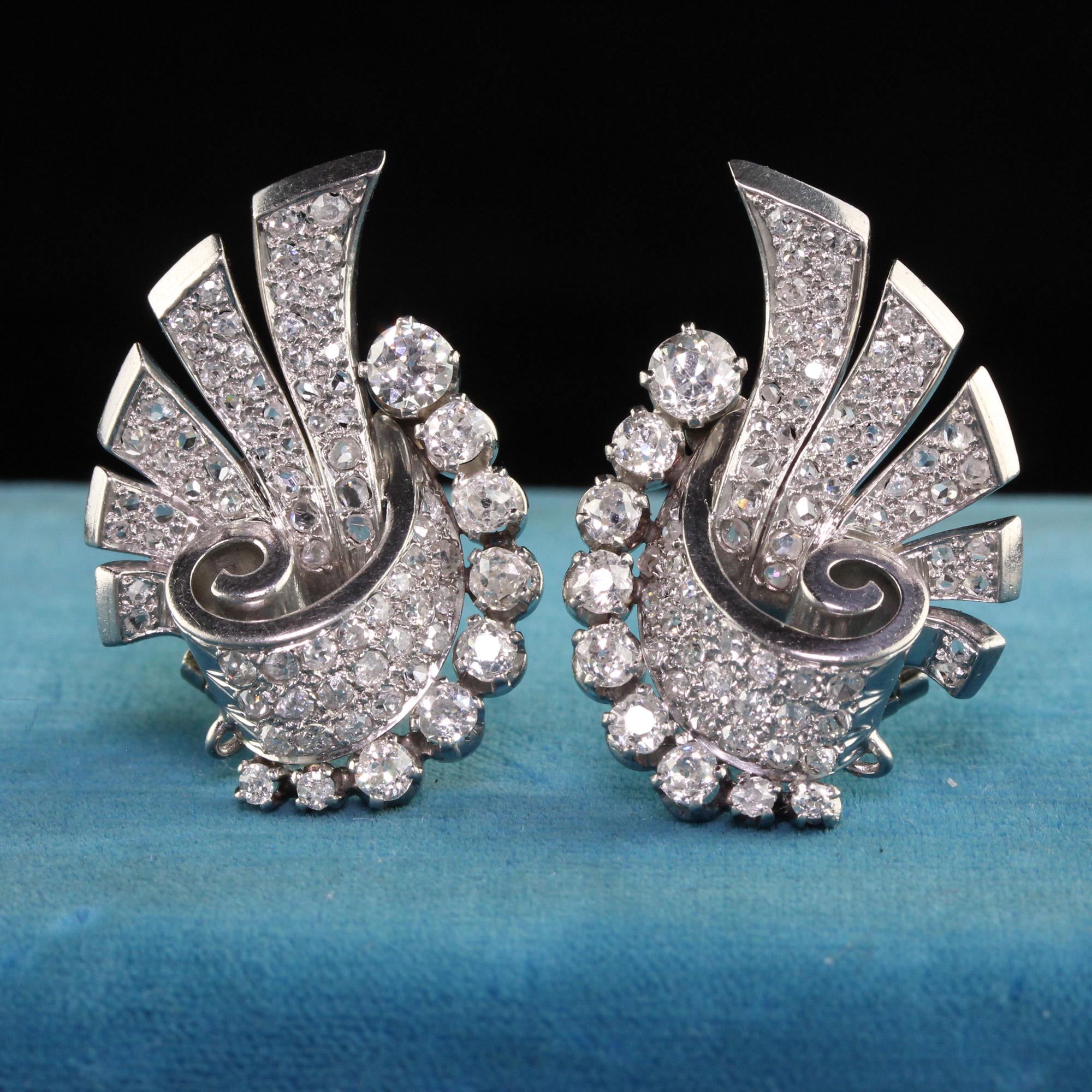 Boucles d'oreilles Art déco anciennes en platine avec diamants taille vieille mine et taille rose Pour femmes en vente