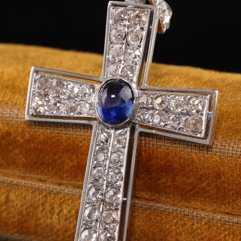 Women's Antique Art Deco Platinum Old Mine Cut Diamond and Sapphire Cross Pendant For Sale