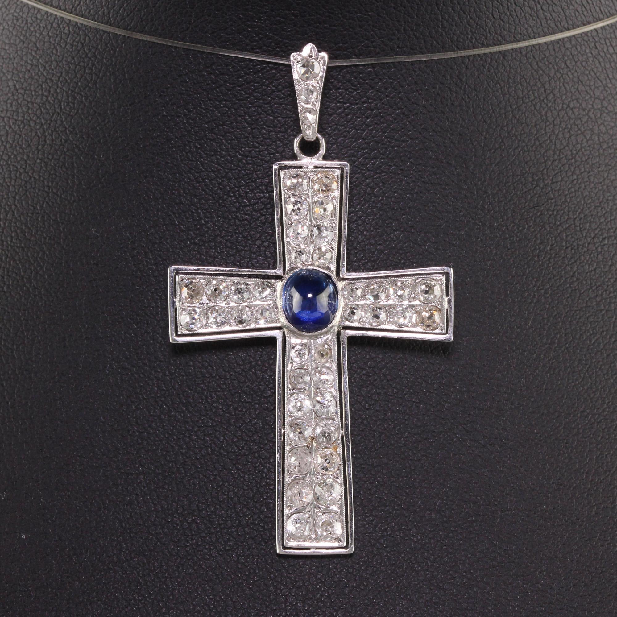 Antique Art Deco Platinum Old Mine Cut Diamond and Sapphire Cross Pendant In Good Condition In Great Neck, NY