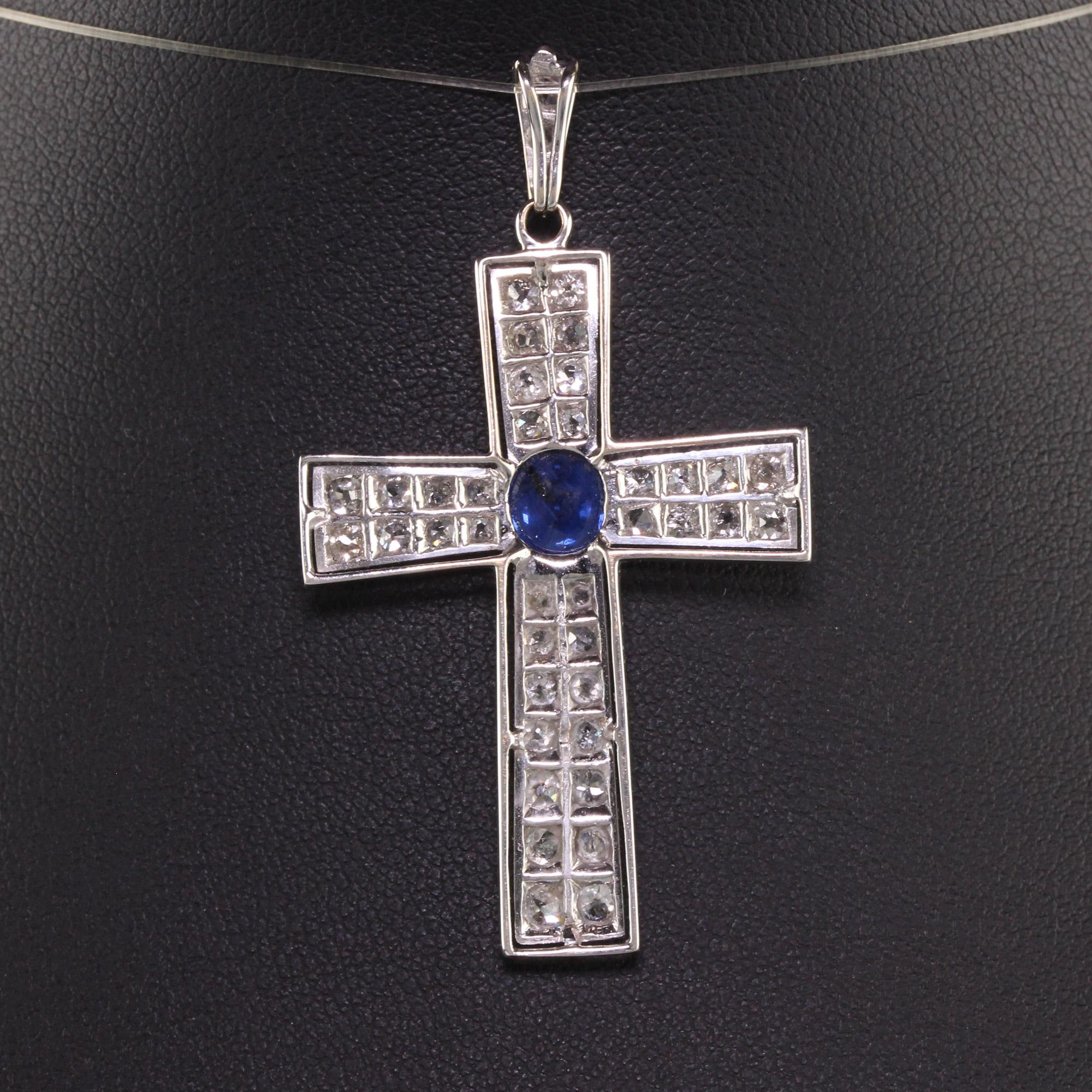 Women's Antique Art Deco Platinum Old Mine Cut Diamond and Sapphire Cross Pendant