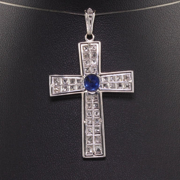 Antique Art Deco Platinum Old Mine Cut Diamond and Sapphire Cross Pendant For Sale 3