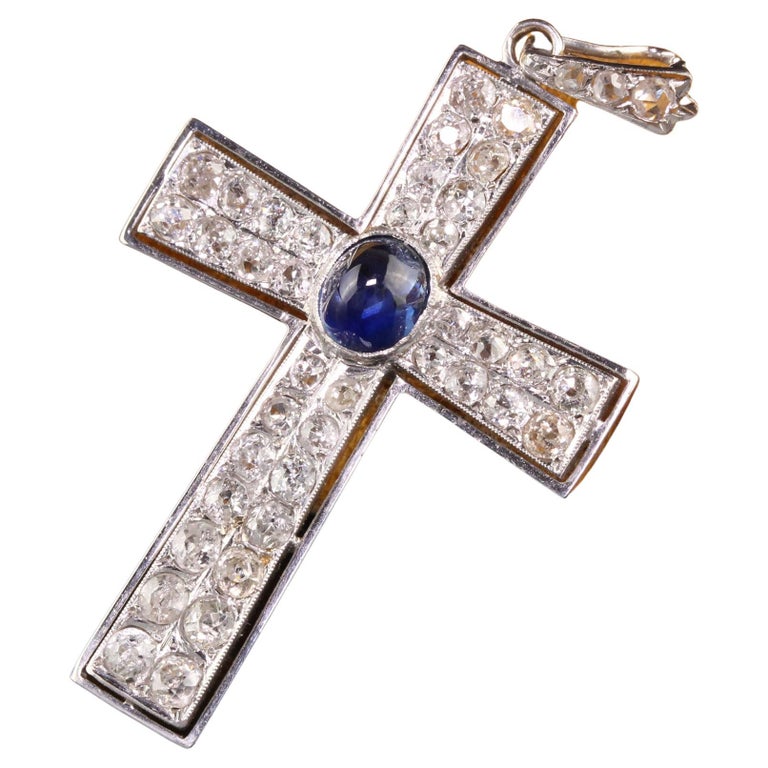 Antique Art Deco Platinum Old Mine Cut Diamond and Sapphire Cross Pendant For Sale