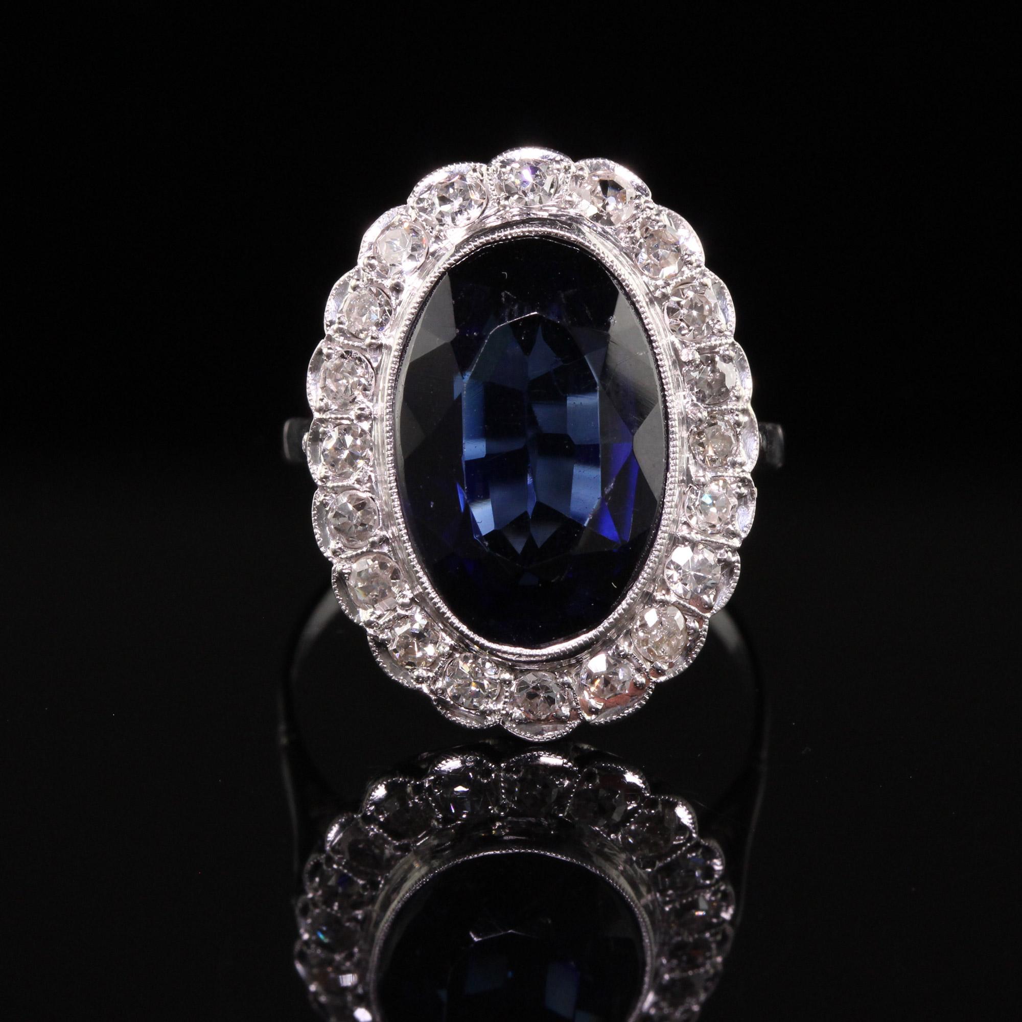 Antique Art Deco Platinum Old Mine Cut Diamond and Sapphire Ring In Good Condition In Great Neck, NY