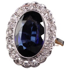 Antique Art Deco Platinum Old Mine Cut Diamond and Sapphire Ring