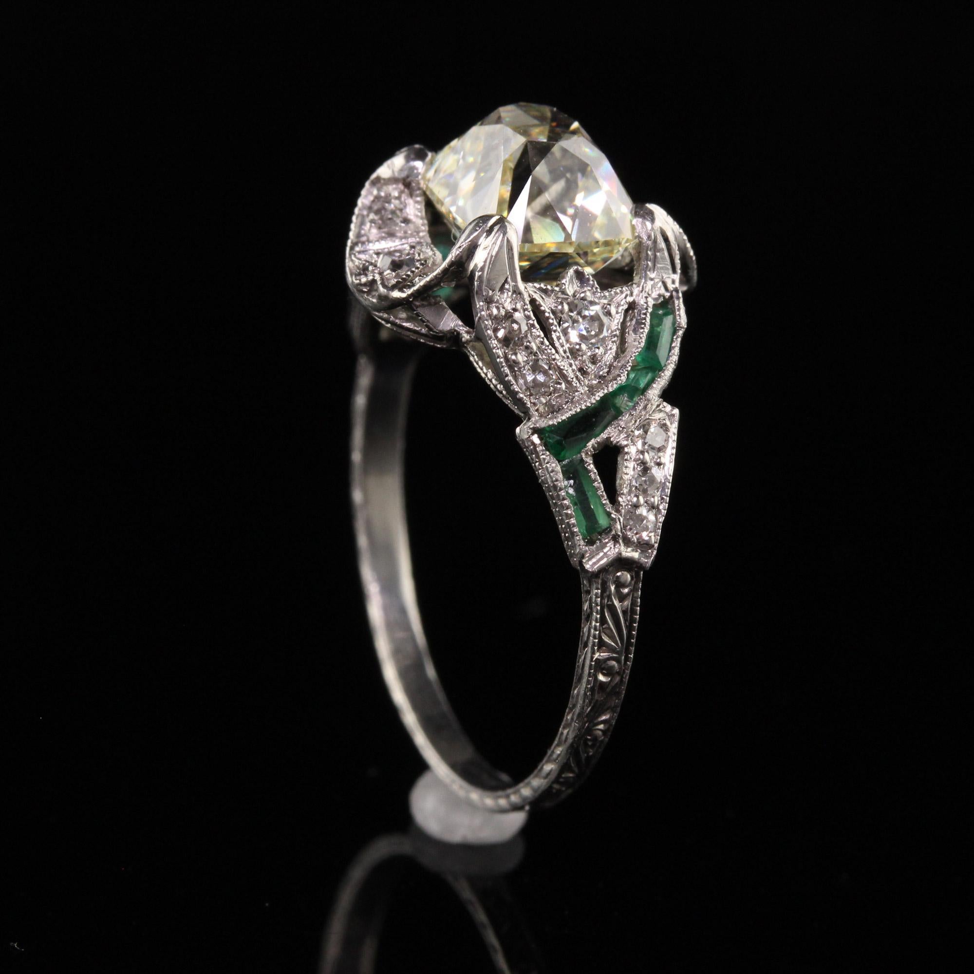 Antique Art Deco Platinum Old Mine Cut Diamond Emerald Engagement Ring For Sale 2
