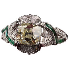 Used Art Deco Platinum Old Mine Cut Diamond Emerald Engagement Ring