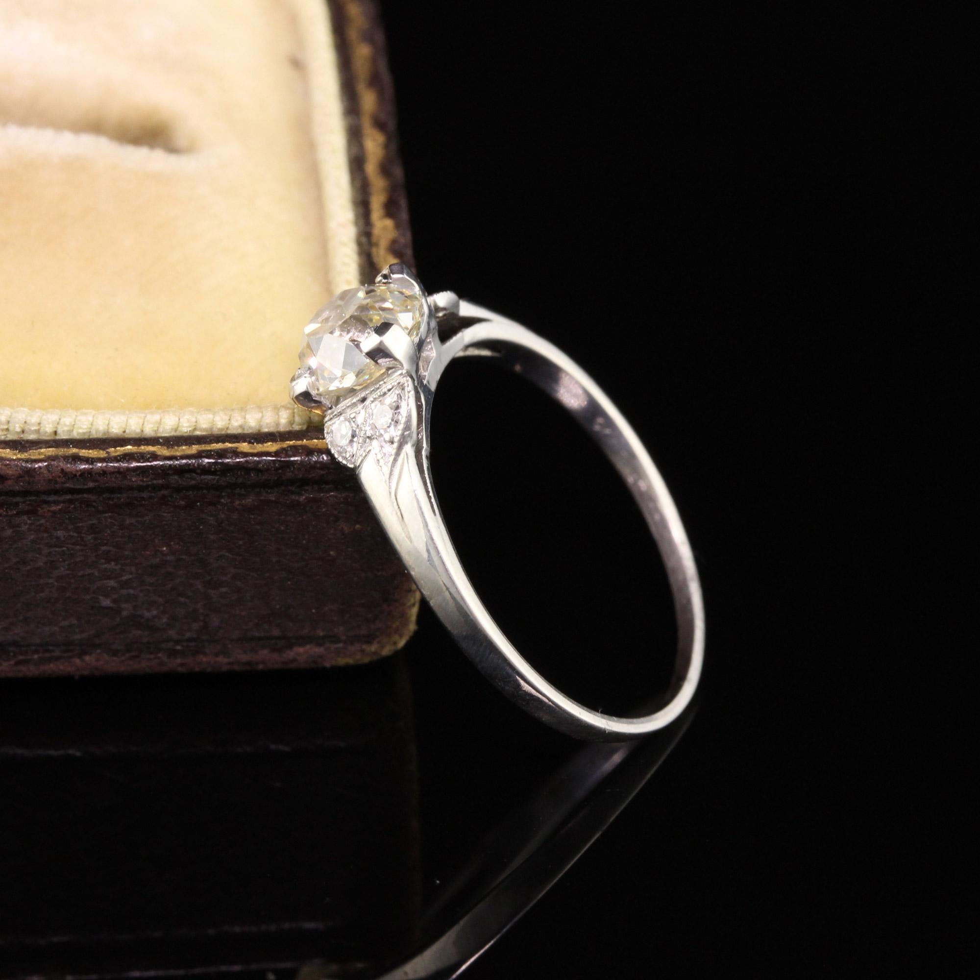 Gorgeous Antique Art Deco Platinum Old Mine Cut Diamond Engagement Ring. A beautiful and classic old mine engagement ring that features a hand cut old mine diamond and accent side stones.

Item #R0687

Metal: Platinum

Weight: 2.2 Grams

Center