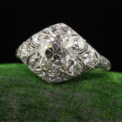 Antique Art Deco Platinum Old Mine Cut Diamond Engagement Ring - GIA