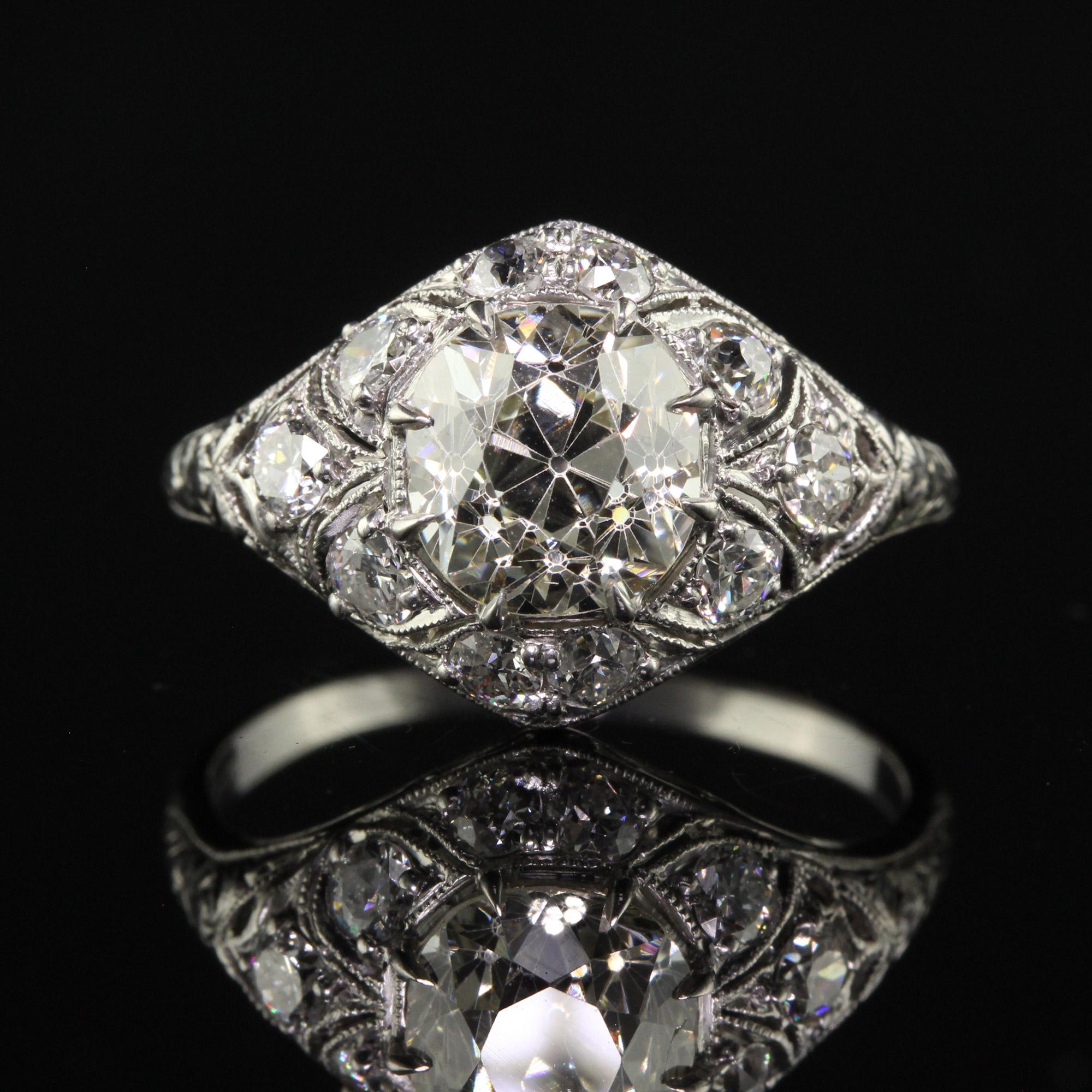 Women's Antique Art Deco Platinum Old Mine Cut Diamond Engagement Ring - GIA For Sale