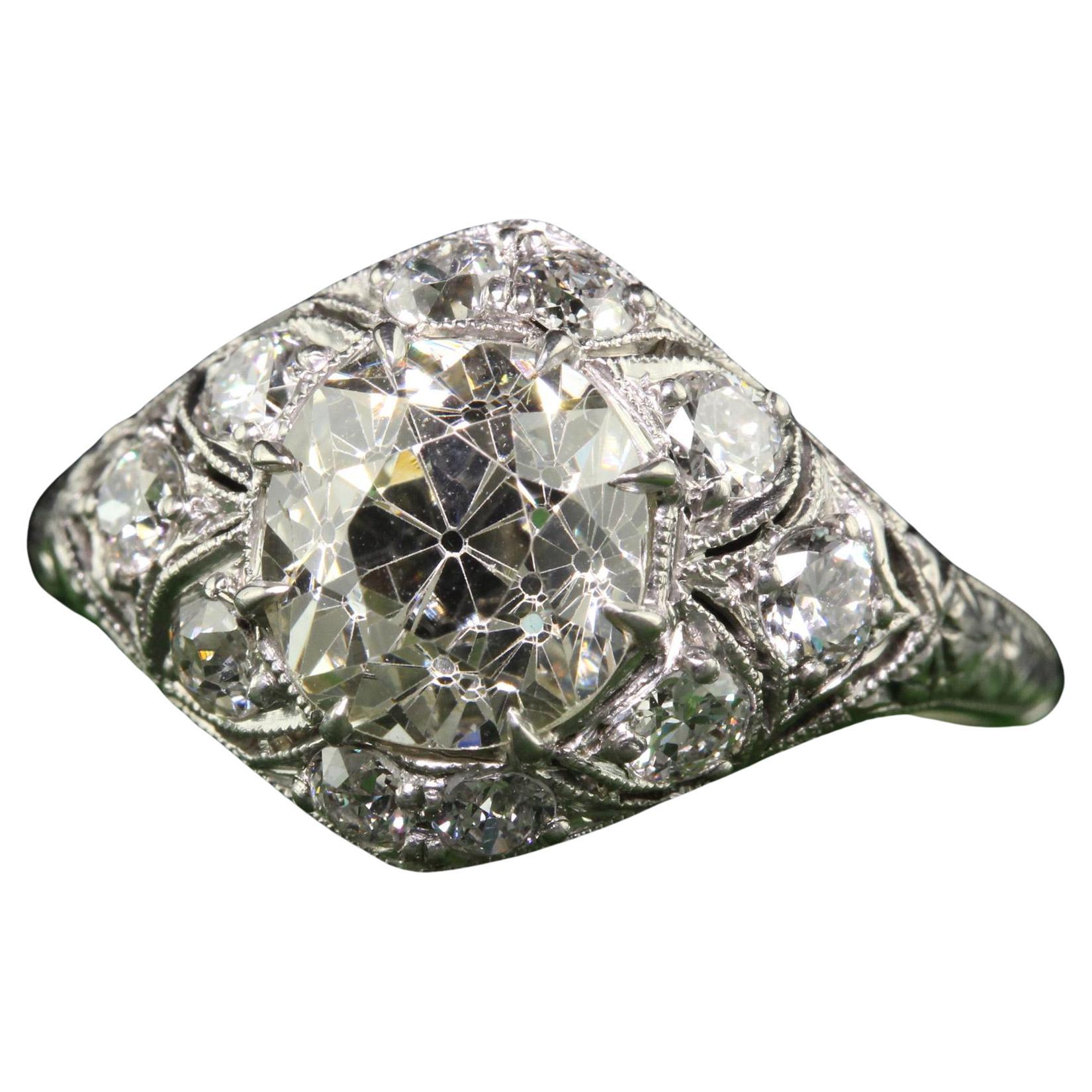 Antique Art Deco Platinum Old Mine Cut Diamond Engagement Ring - GIA For Sale