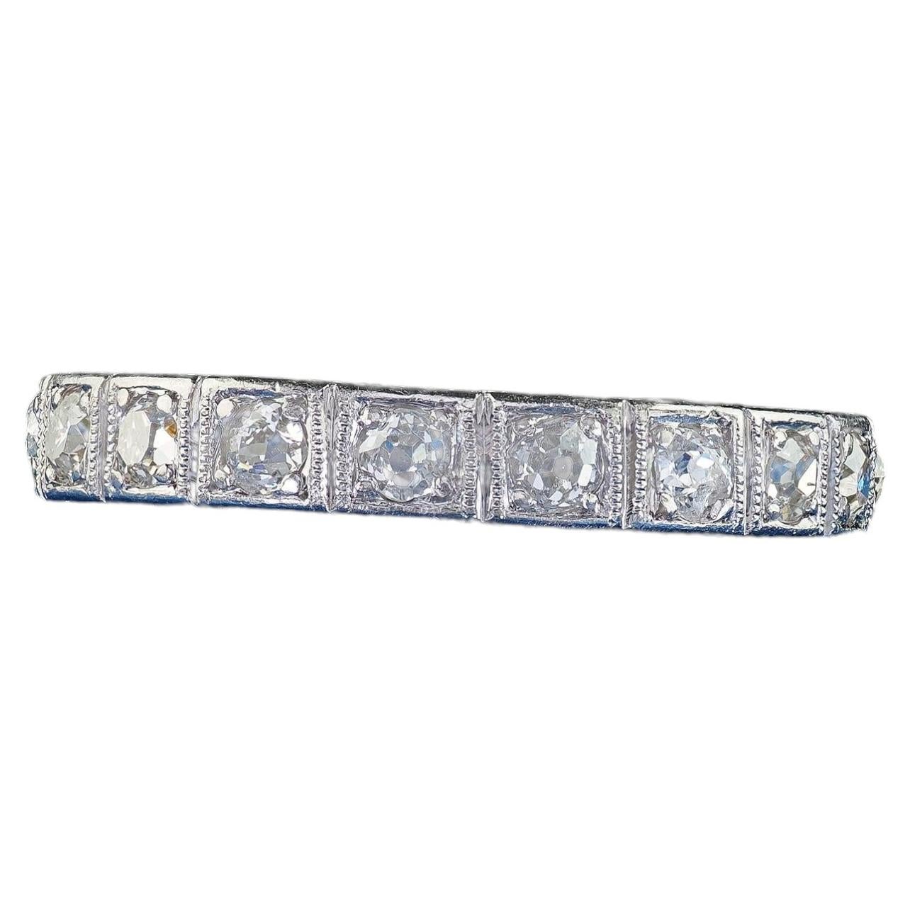 Antique Art Deco Platinum Old Mine Cut Diamond Engraved Eternity Band Ring