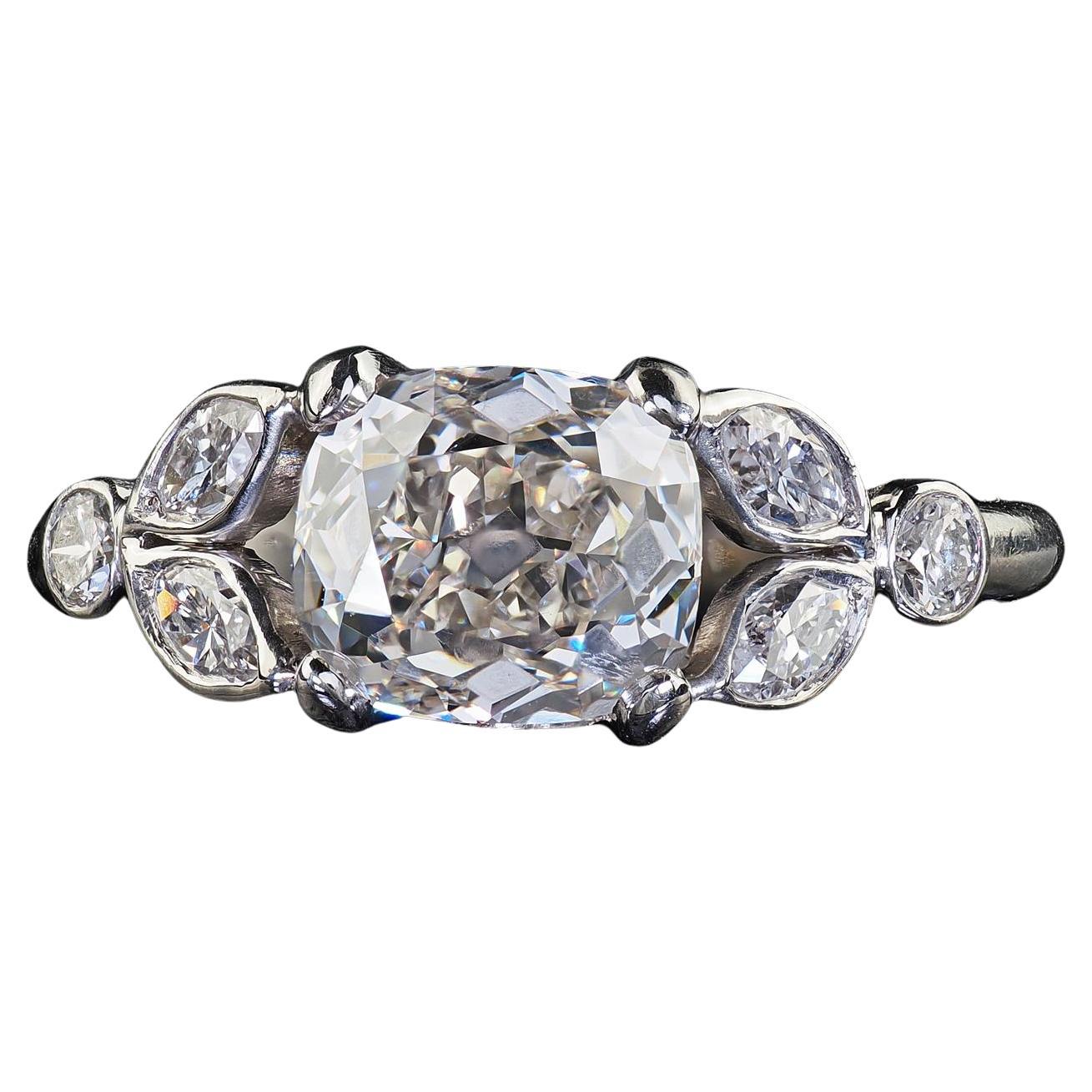 Antique Art Deco Platinum Old Mine Cut Diamond Marquise Engagement Ring - GIA