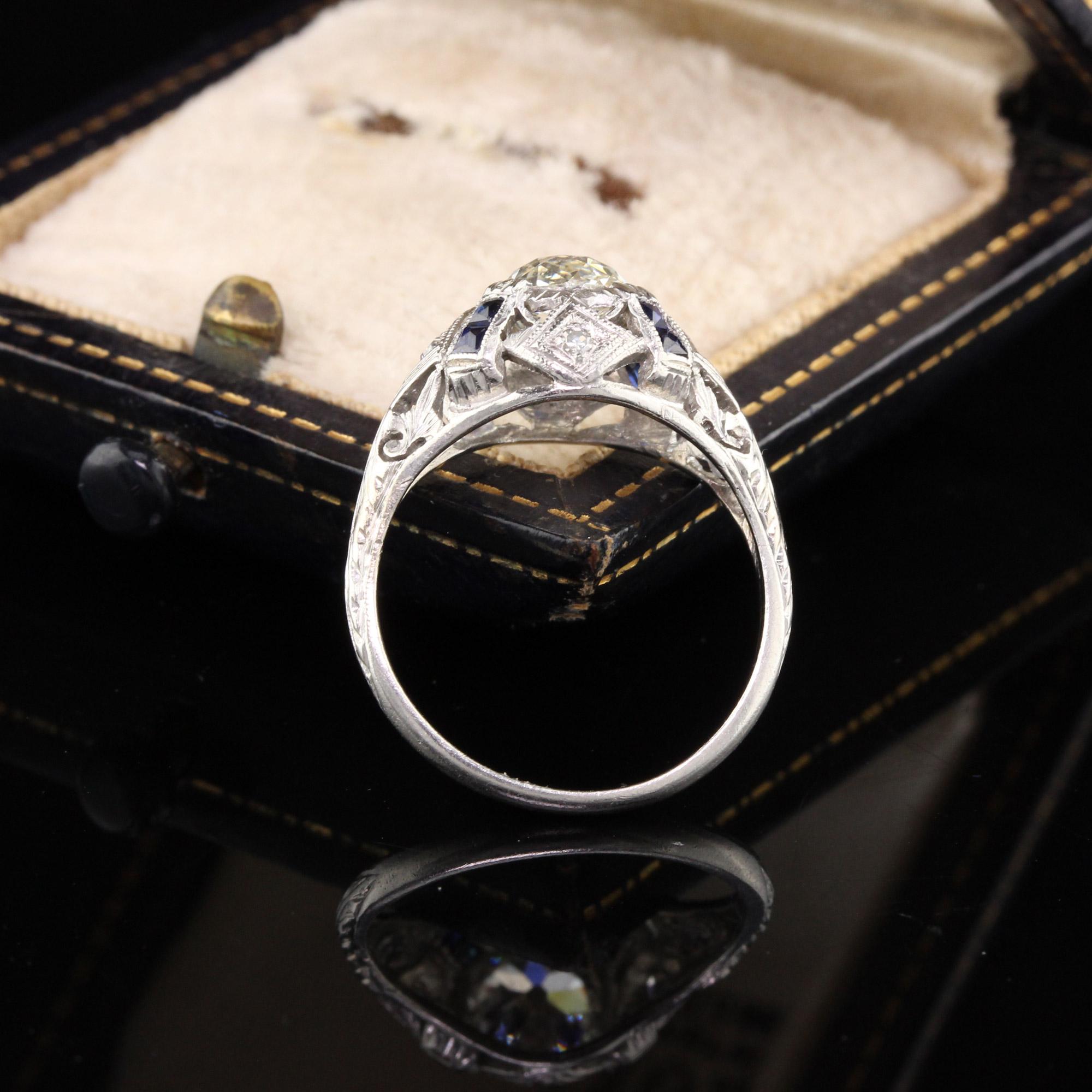 Antique Art Deco Platinum Old Mine Cut Diamond and Sapphire Engagement Ring In Good Condition In Great Neck, NY