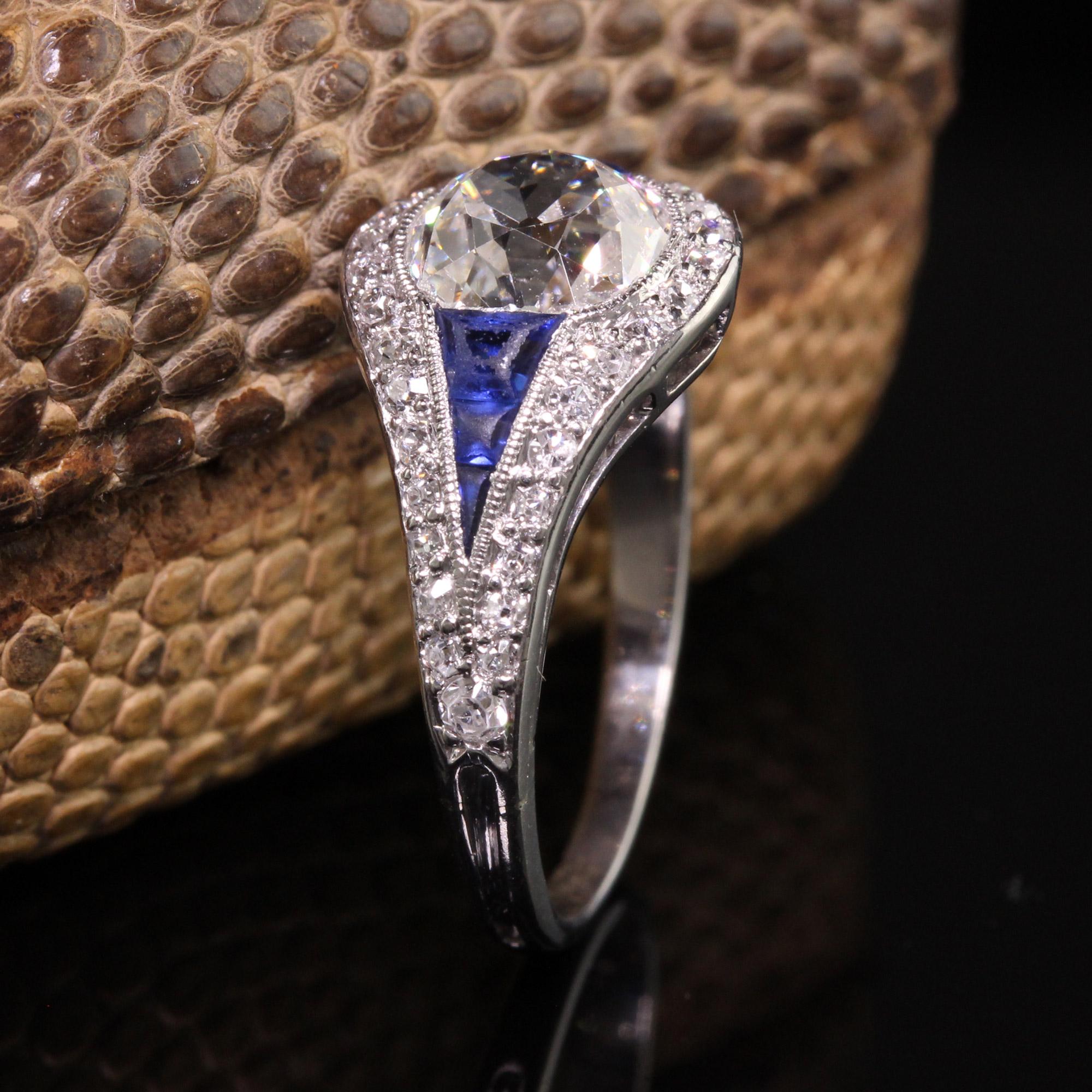 Antique Art Deco Platinum Old Mine Cut Diamond Sapphire Engagement Ring In Good Condition For Sale In Great Neck, NY