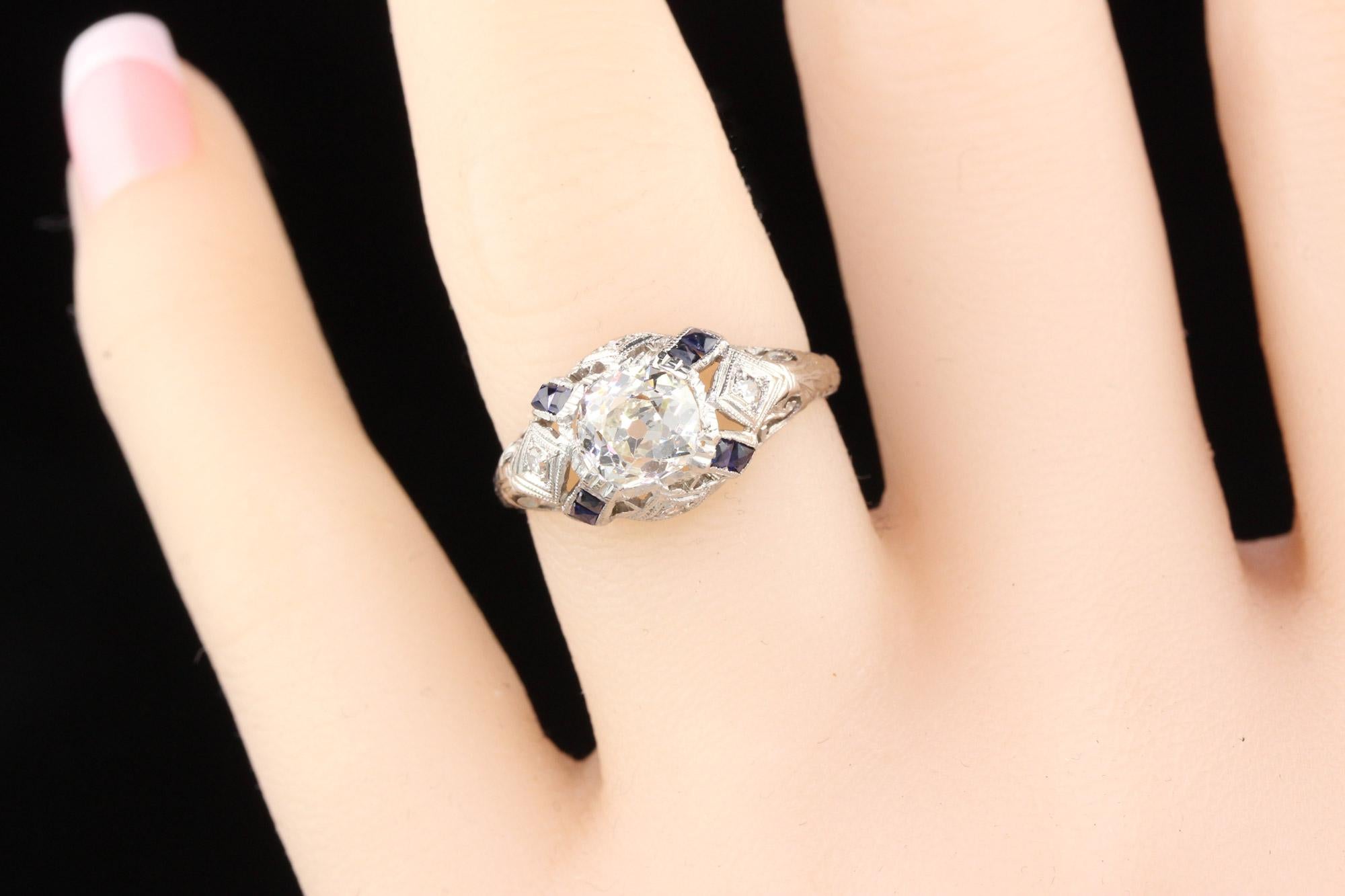 Women's or Men's Antique Art Deco Platinum Old Mine Cut Diamond and Sapphire Engagement Ring