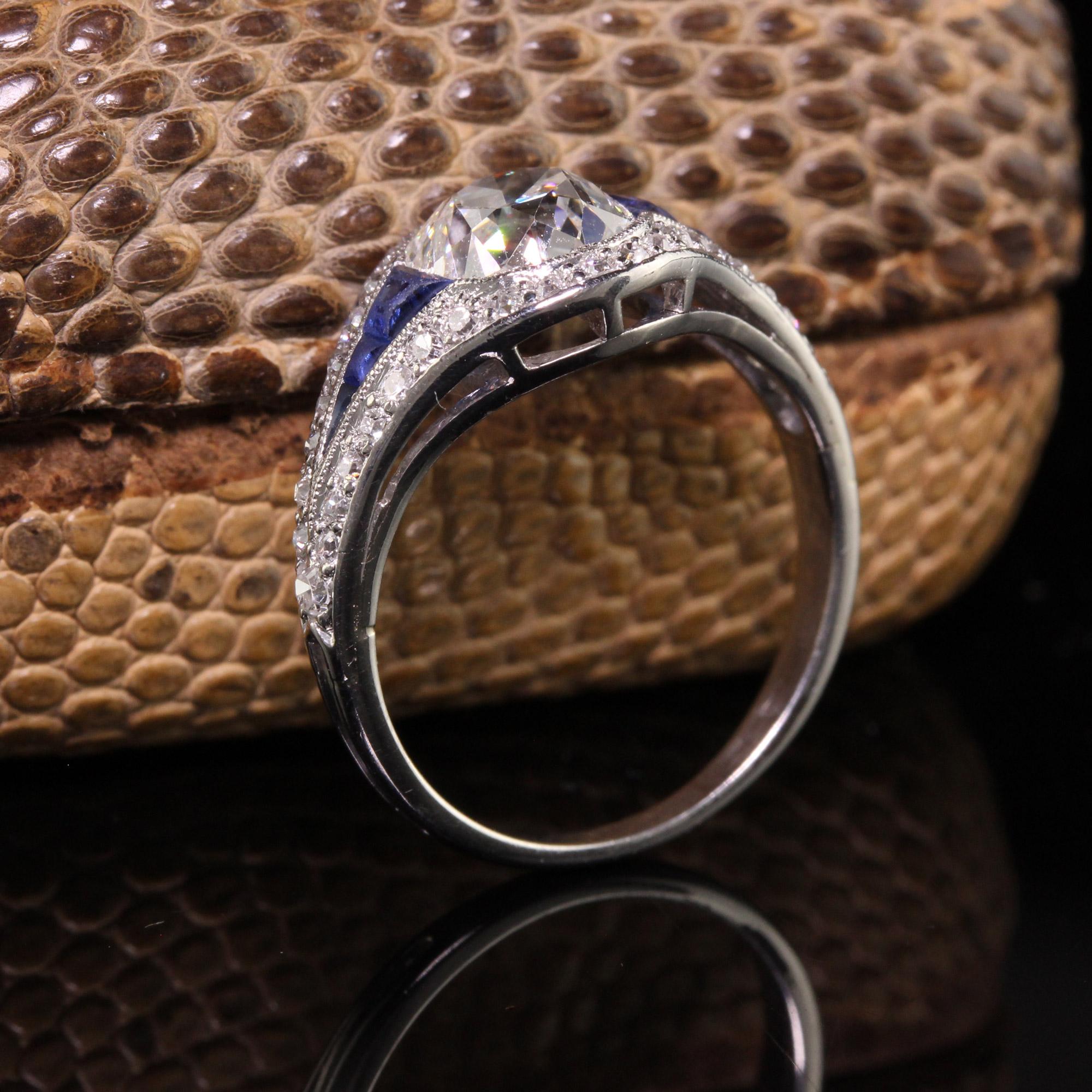 Women's Antique Art Deco Platinum Old Mine Cut Diamond Sapphire Engagement Ring