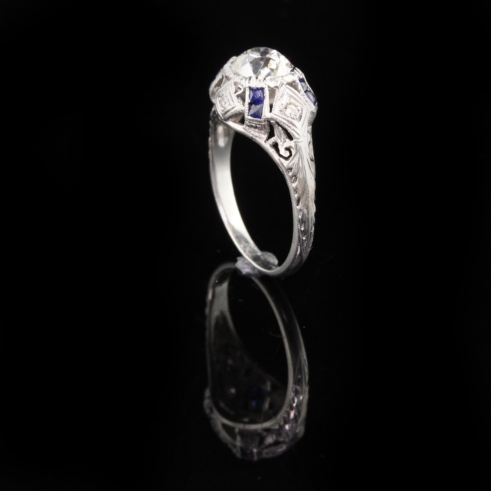 Antique Art Deco Platinum Old Mine Cut Diamond and Sapphire Engagement Ring 1