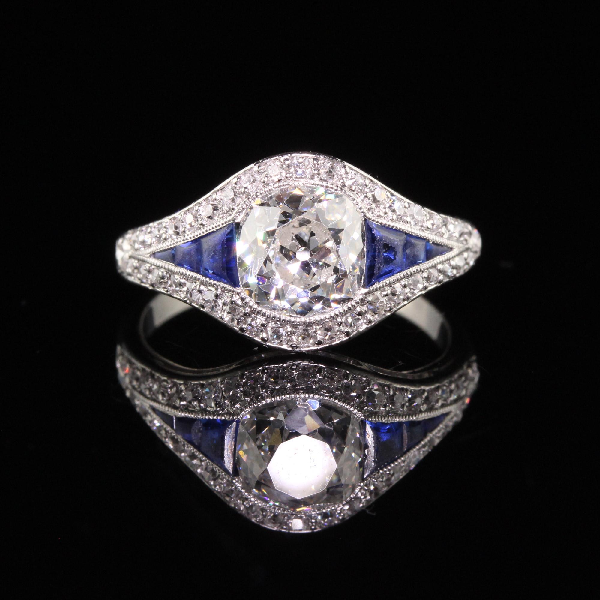Antique Art Deco Platinum Old Mine Cut Diamond Sapphire Engagement Ring For Sale 1