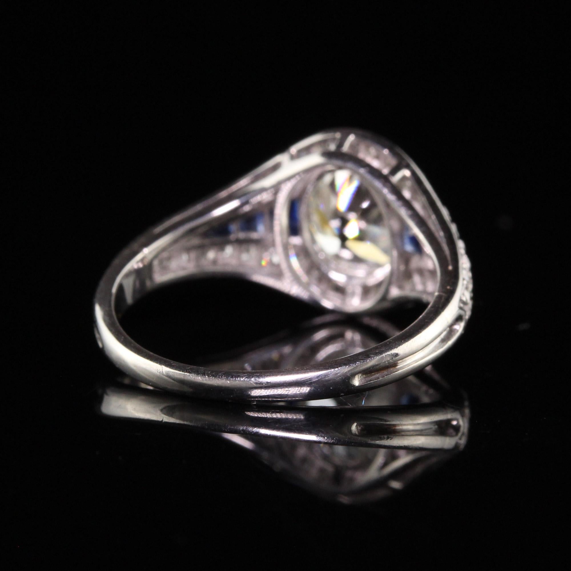 Antique Art Deco Platinum Old Mine Cut Diamond Sapphire Engagement Ring For Sale 2