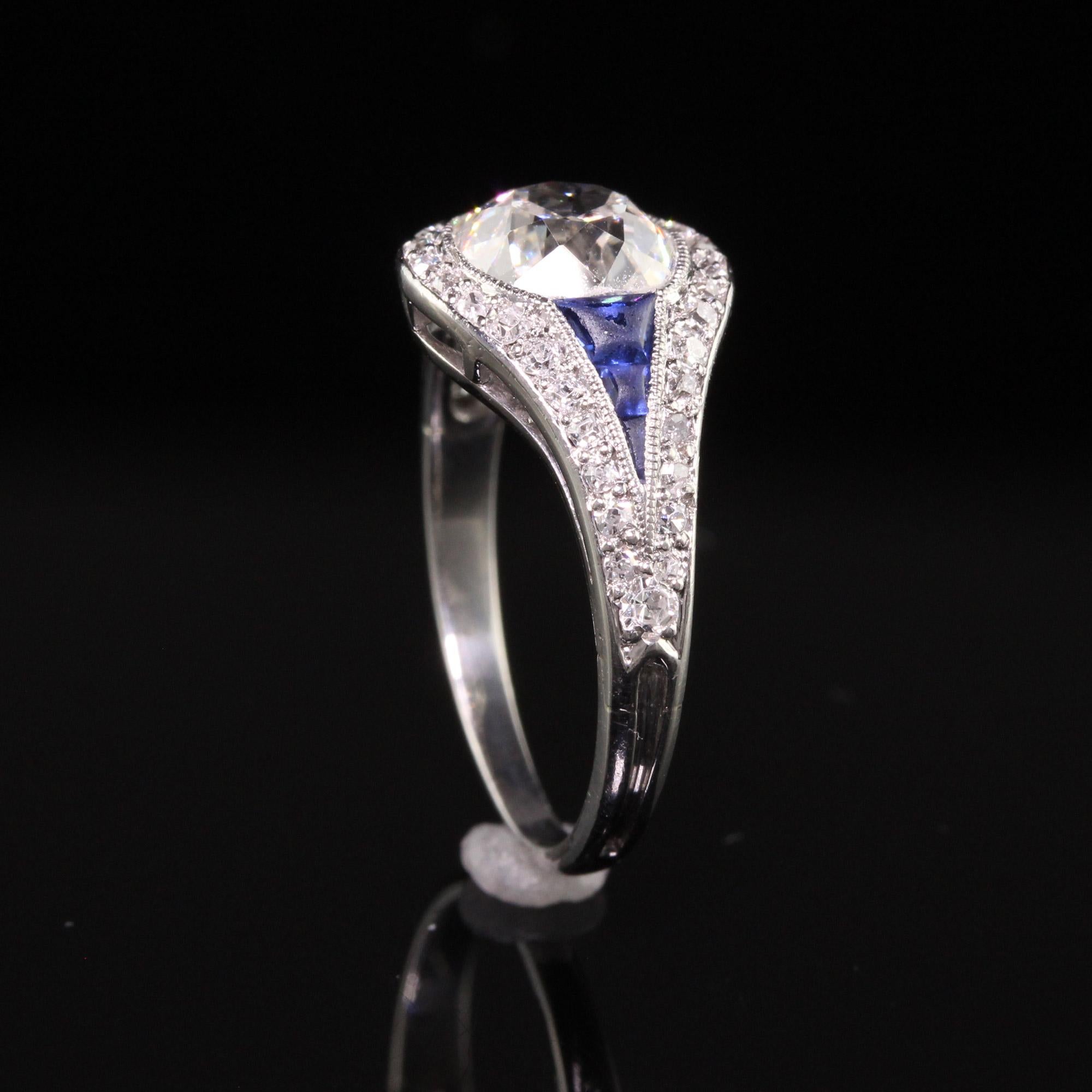 Antique Art Deco Platinum Old Mine Cut Diamond Sapphire Engagement Ring For Sale 3