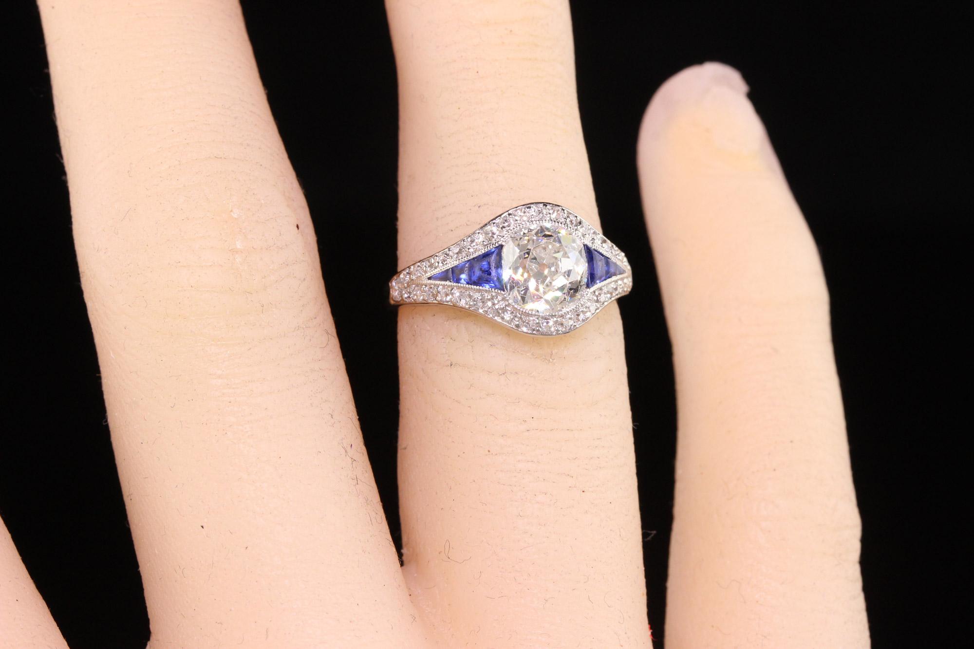 Antiker Art Deco Platin-Verlobungsring mit Diamanten und Saphiren im alten Minenschliff im Angebot 2