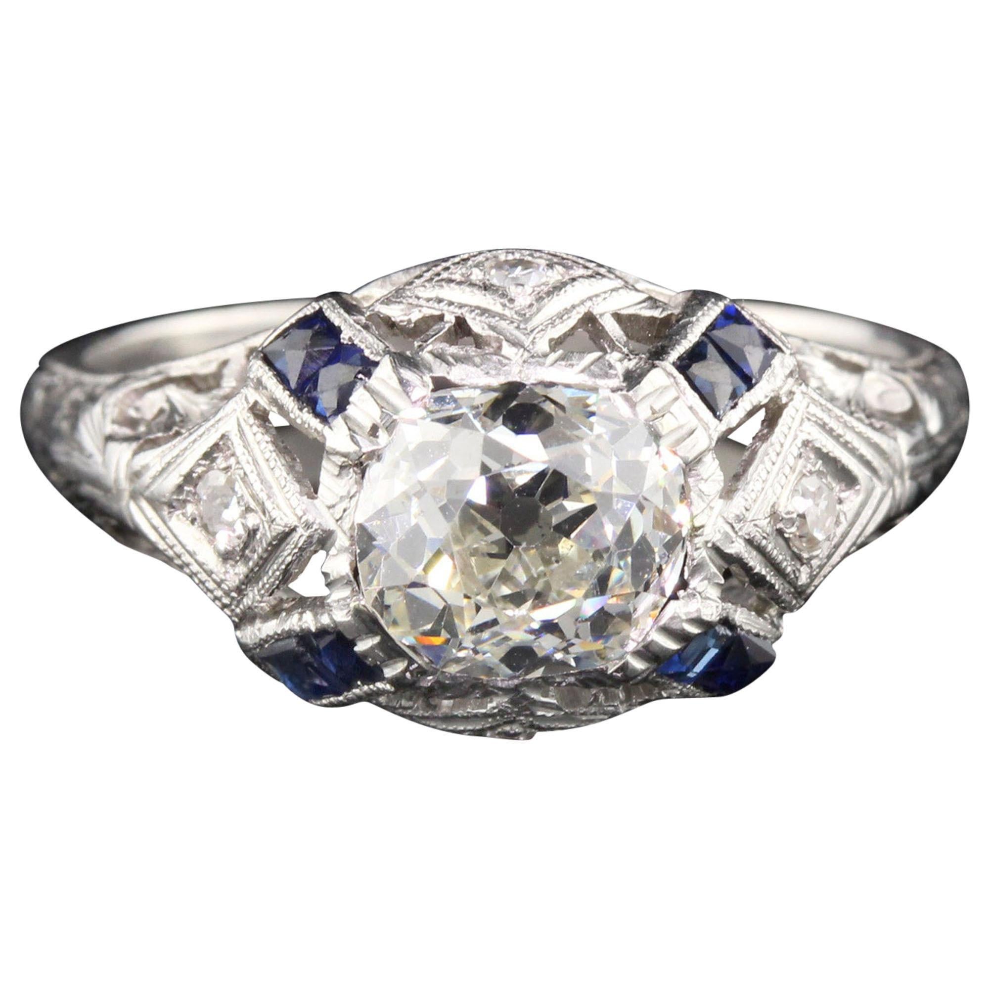 Antique Art Deco Platinum Old Mine Cut Diamond and Sapphire Engagement Ring
