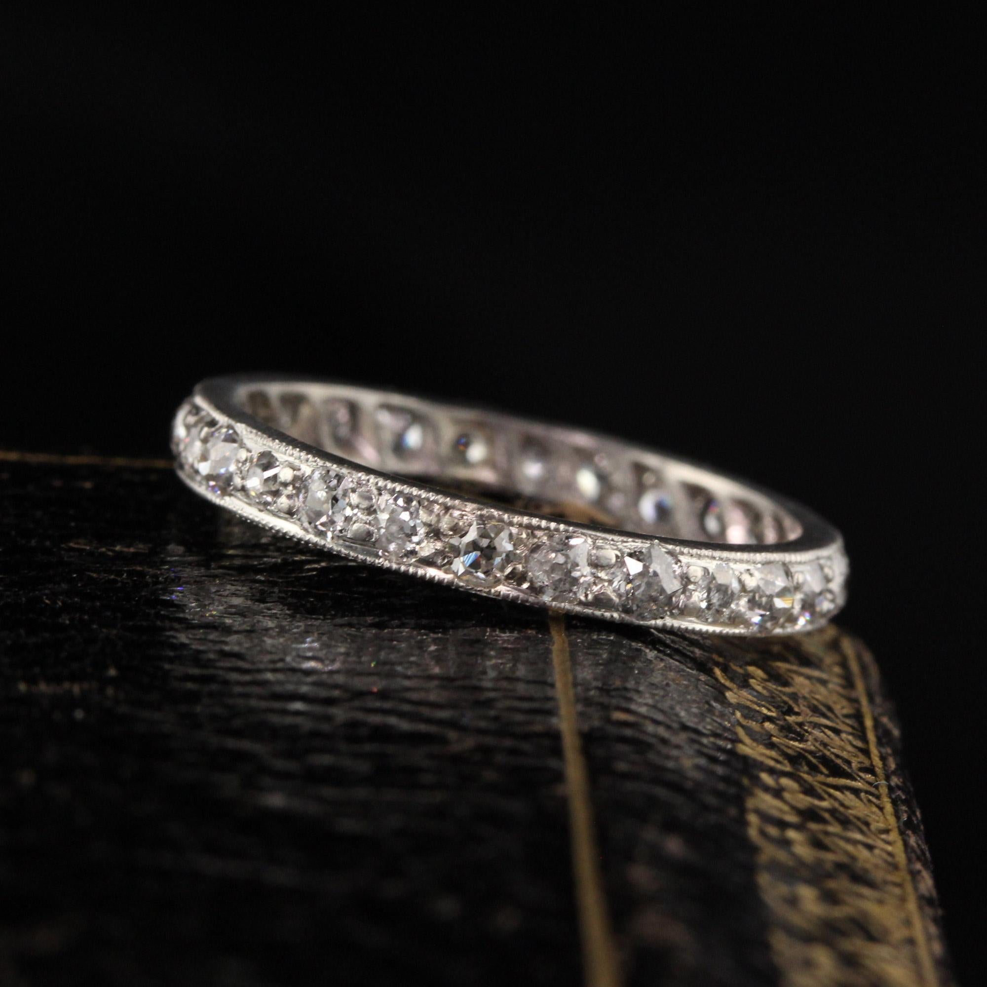 Stunning antique eternity band with old mine cut diamonds. 

Item #R0571

Metal: Platinum

Weight: 2.3 Grams

Total Diamond Weight: Approximately 0.80 cts

Diamond Color: H

Diamond Clarity: VS2

Ring Size: 6.25

*Unfortunately this ring cannot be