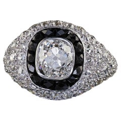 Bague de fiançailles Art déco ancienne en platine, diamant vieille mine et halo d'onyx français