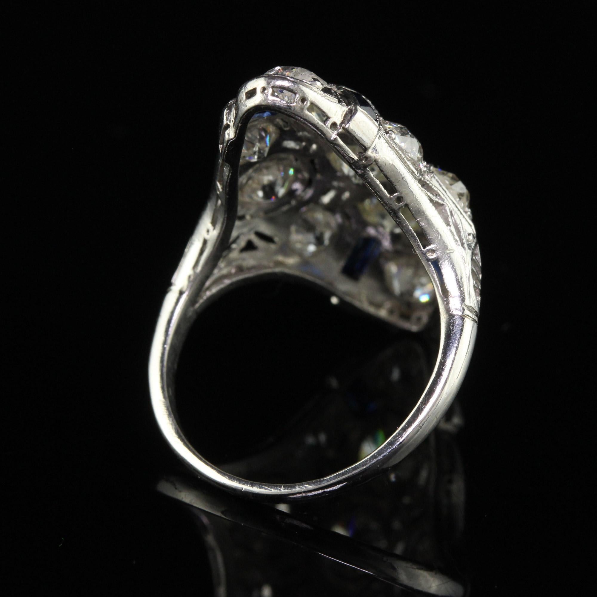 Antique Art Deco Platinum Old Mine Diamond and Sapphire Filigree Shield Ring For Sale 1