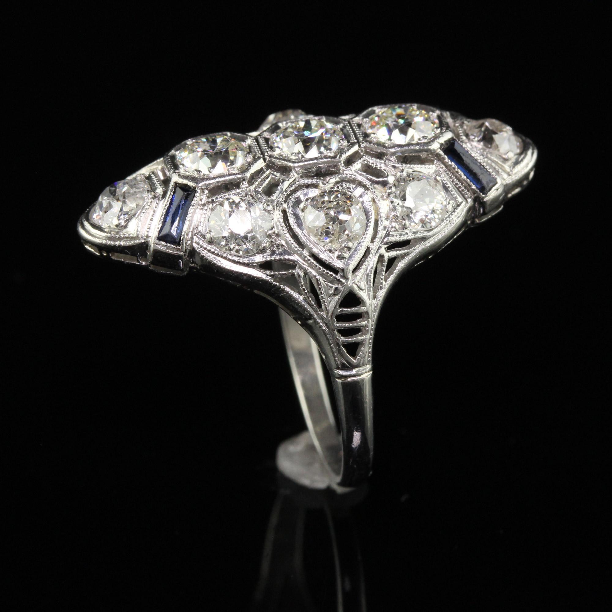 Antique Art Deco Platinum Old Mine Diamond and Sapphire Filigree Shield Ring For Sale 2