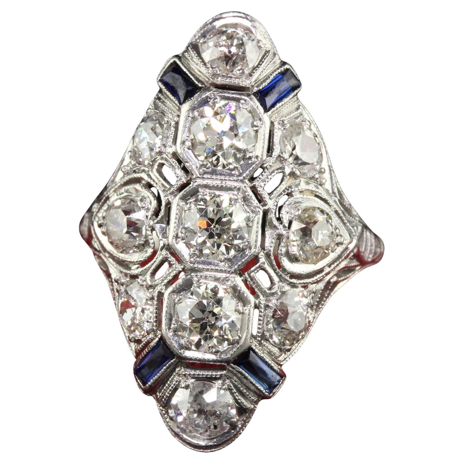 Antique Art Deco Platinum Old Mine Diamond and Sapphire Filigree Shield Ring For Sale