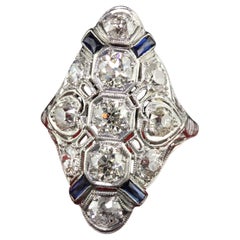 Antique Art Deco Platinum Old Mine Diamond and Sapphire Filigree Shield Ring