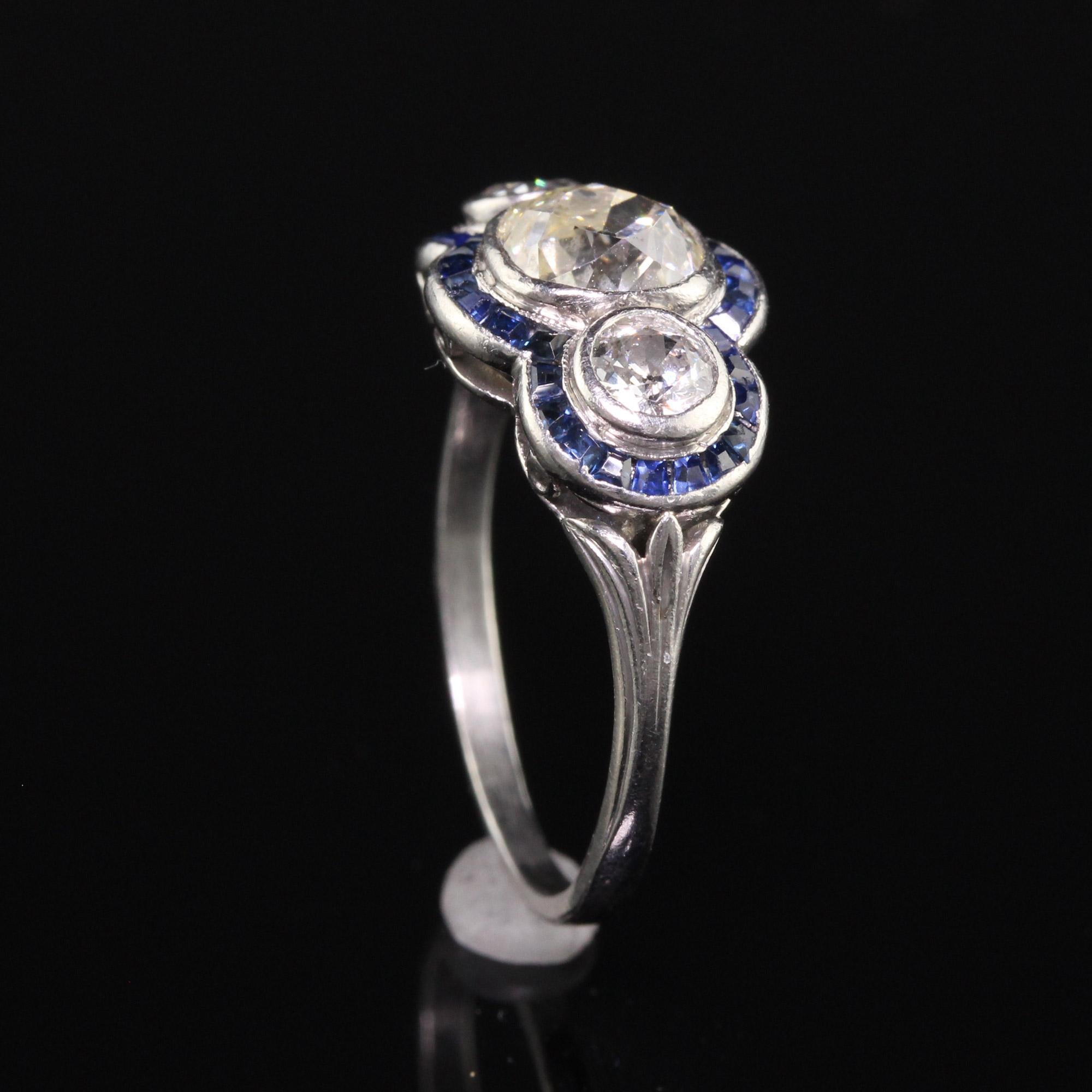 Antique Art Deco Platinum Old Mine Diamond and Sapphire Three Stone Ring 1