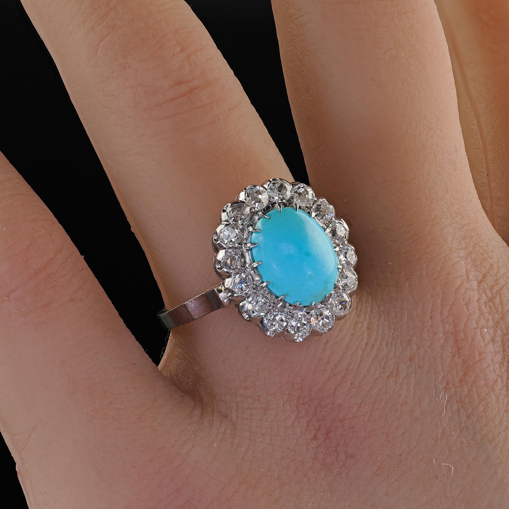 Bague cocktail d'affirmation Art déco ancienne en platine, diamant « Old Mine » et turquoise en vente 5