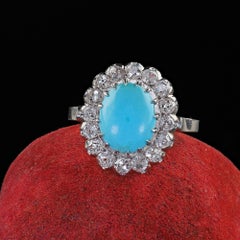 Antique Art Deco Platinum Old Mine Diamond and Turquoise Cocktail Statement Ring