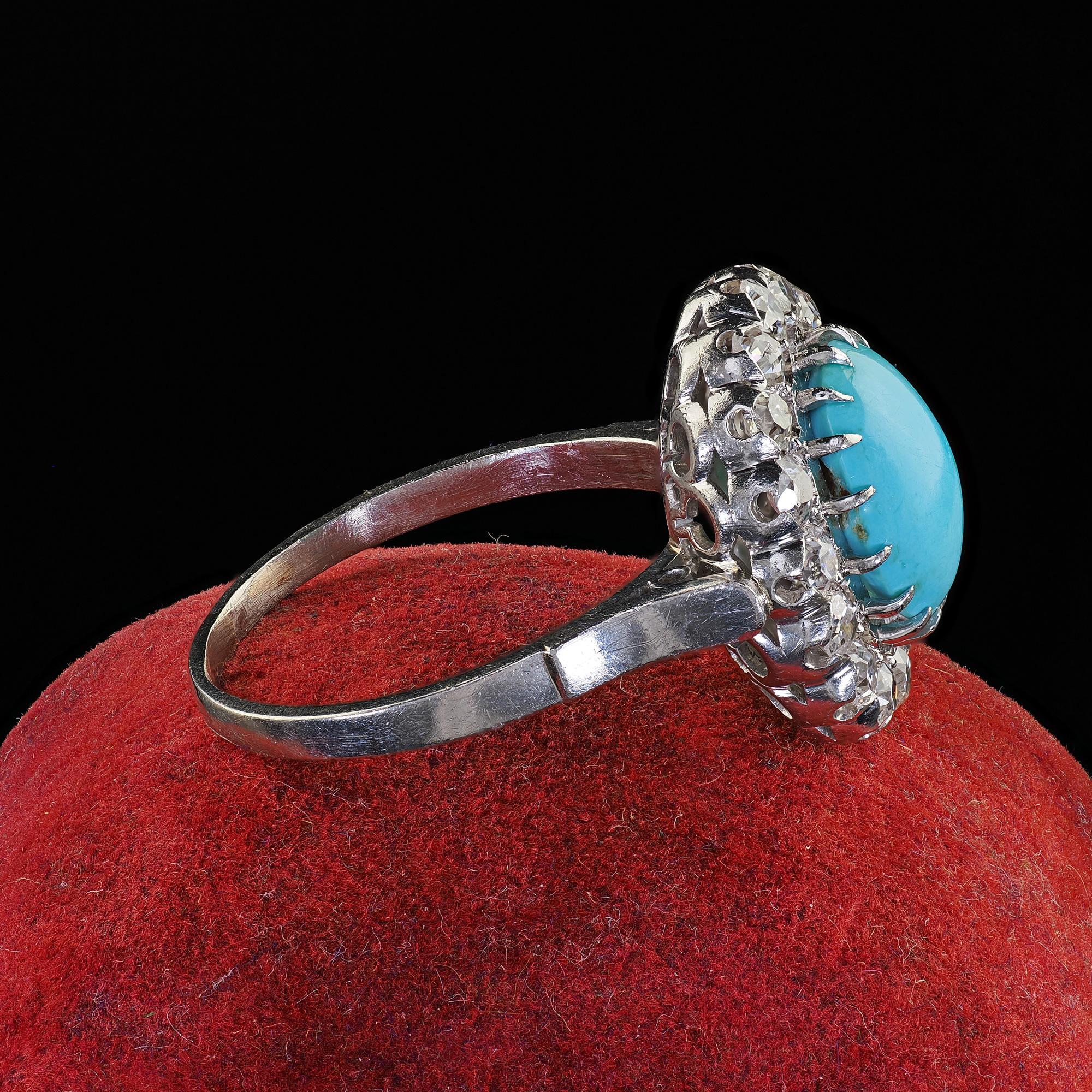Bague cocktail d'affirmation Art déco ancienne en platine, diamant « Old Mine » et turquoise Bon état - En vente à Great Neck, NY