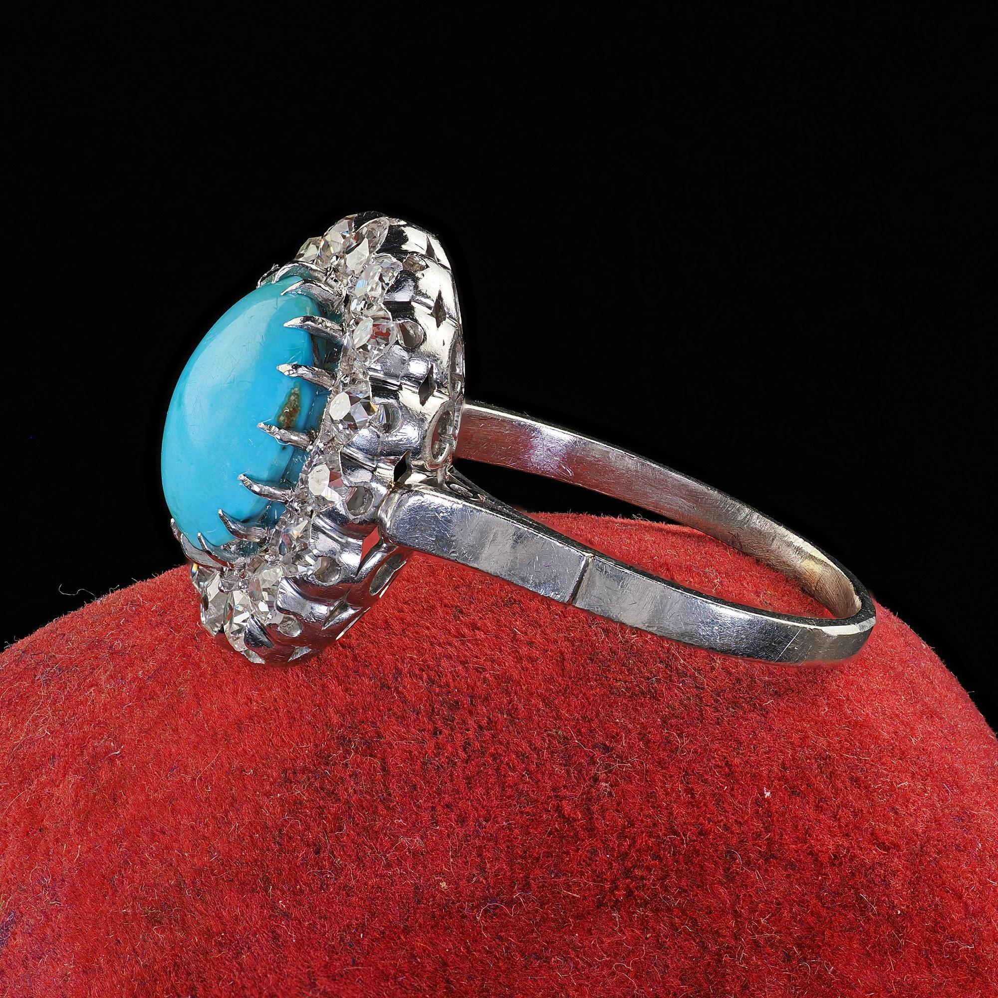 Bague cocktail d'affirmation Art déco ancienne en platine, diamant « Old Mine » et turquoise Pour femmes en vente