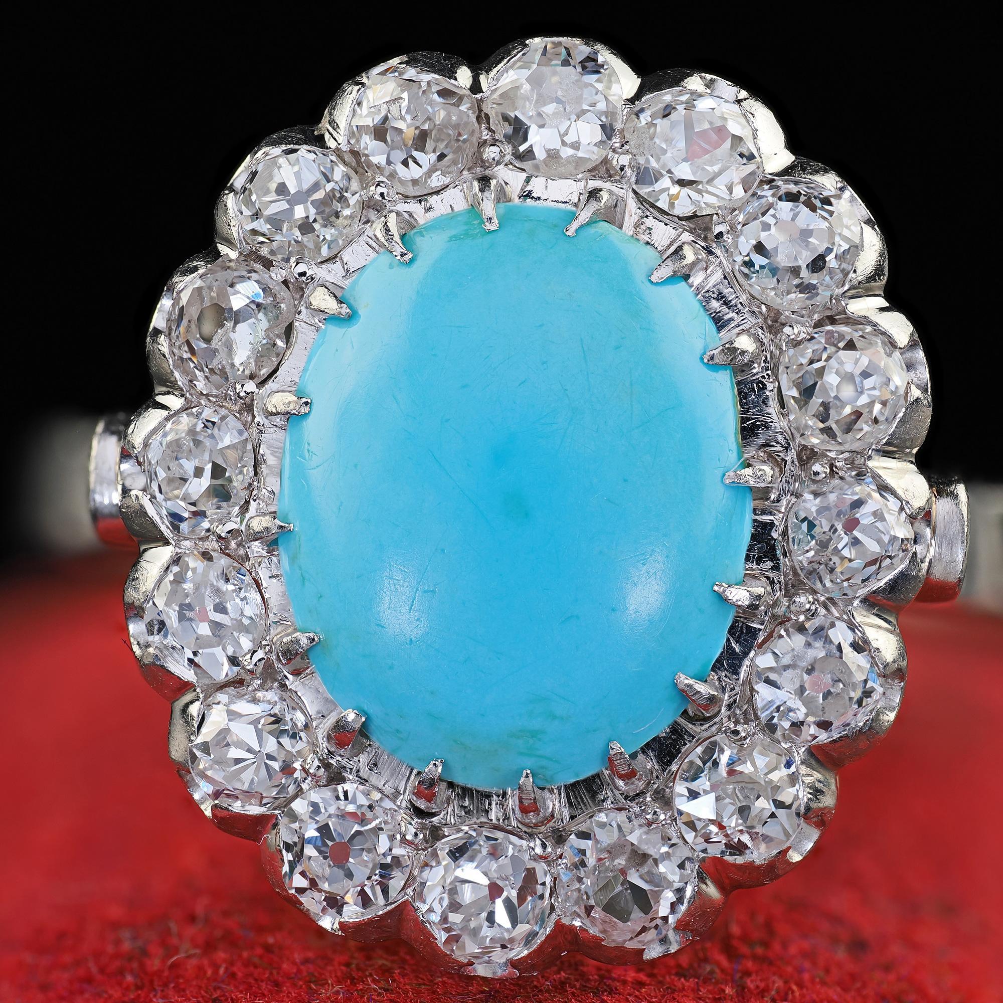 Bague cocktail d'affirmation Art déco ancienne en platine, diamant « Old Mine » et turquoise en vente 1
