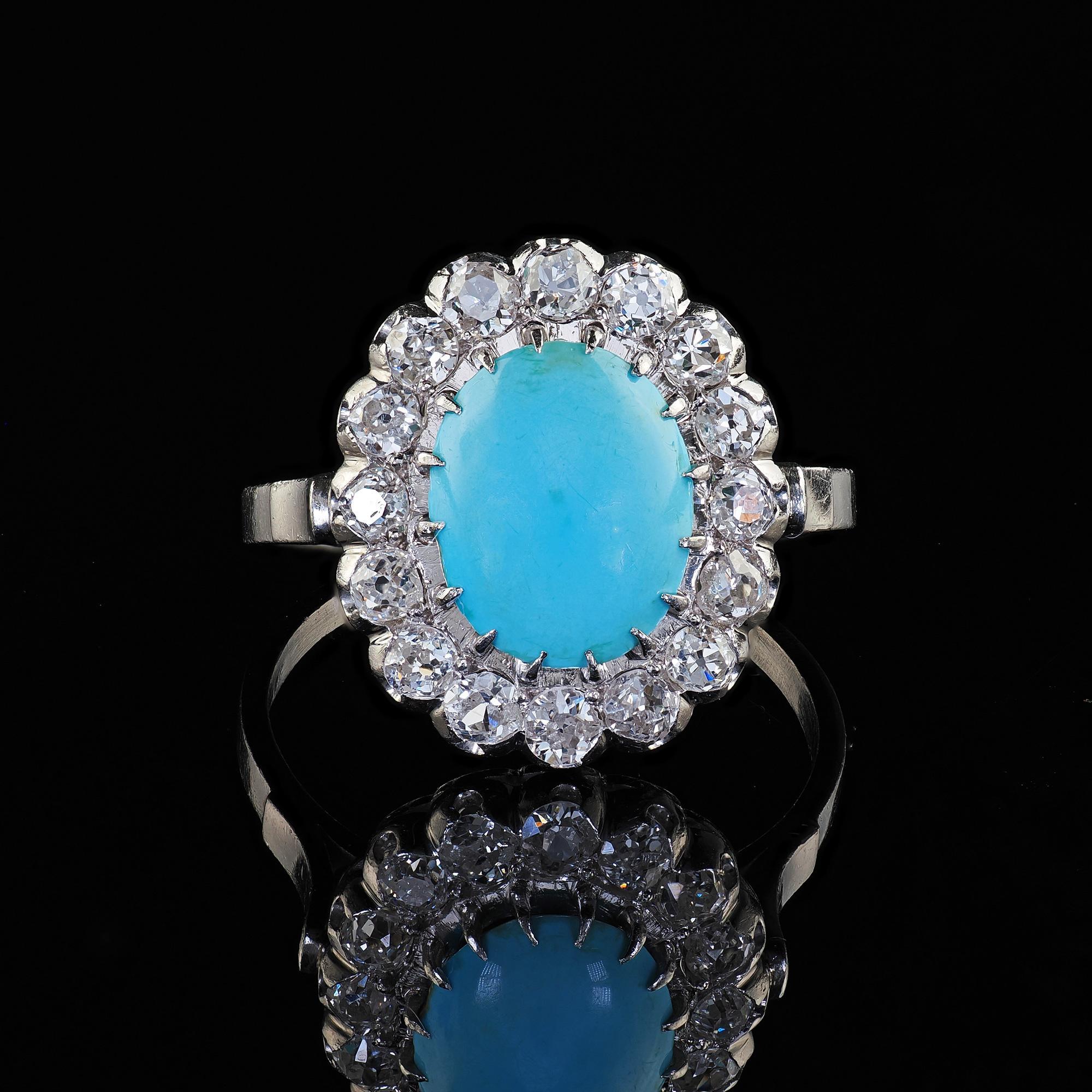 Bague cocktail d'affirmation Art déco ancienne en platine, diamant « Old Mine » et turquoise en vente 2